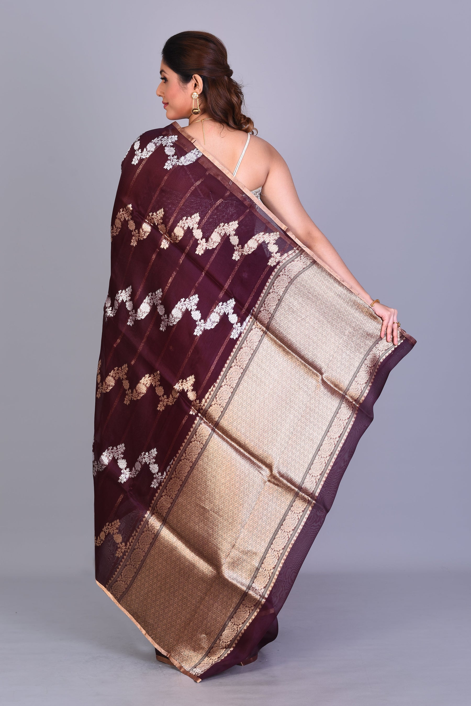 Deep Brown Pure Kora Saree with Blouse Piece - Keya Seth Exclusive