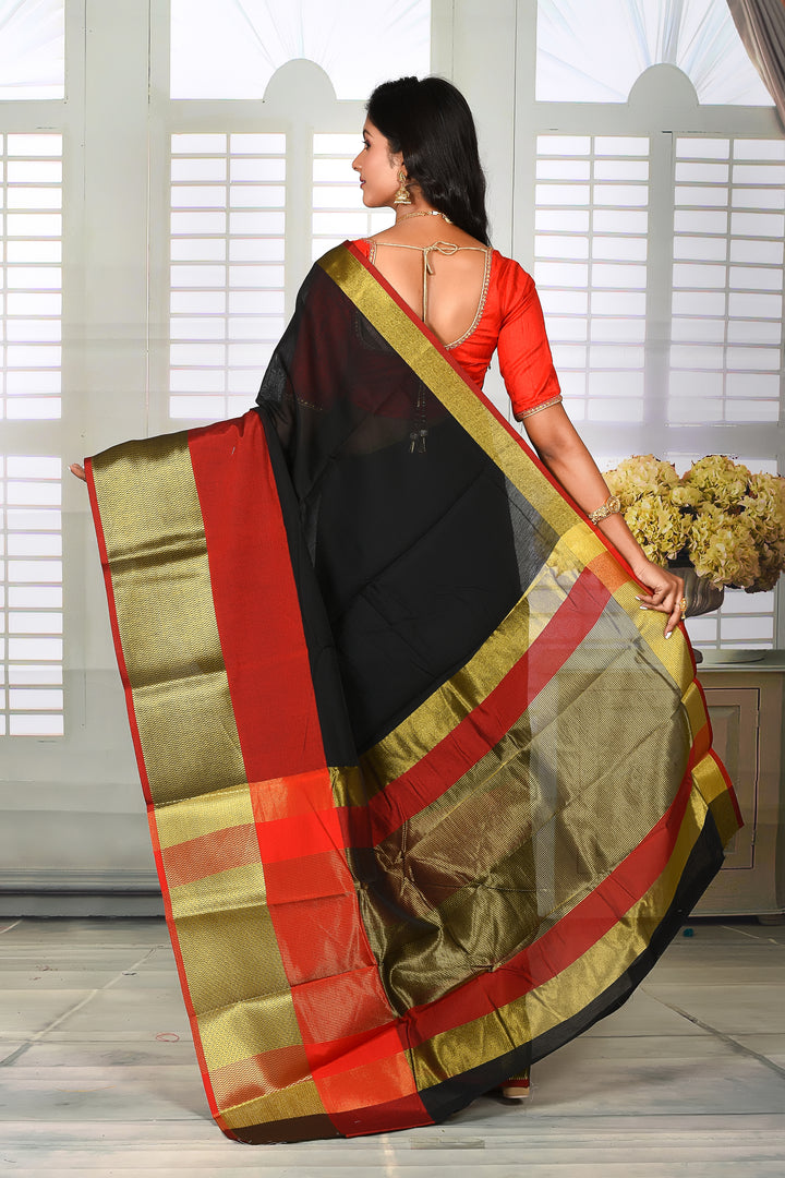Black Handloom Saree with Golden & Red Border - Keya Seth Exclusive