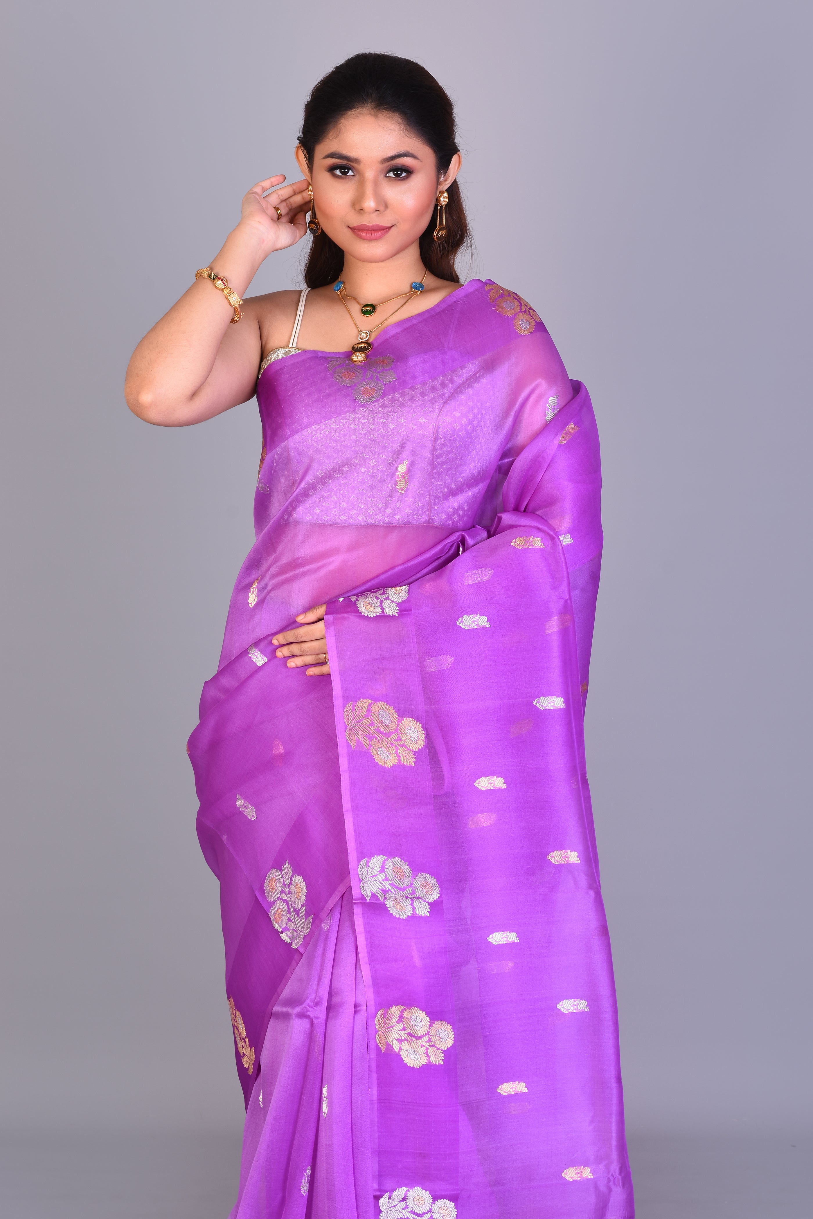 Purple Pure Kora Saree with Blouse Piece - Keya Seth Exclusive