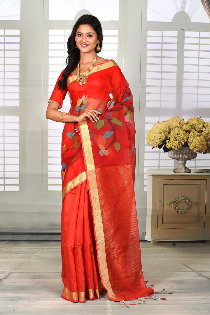 Red Handloom Saree with Golden Border - Keya Seth Exclusive