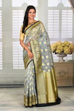Load image into Gallery viewer, Light Grey Soft Tissue Saree with Black border - Keya Seth Exclusive
