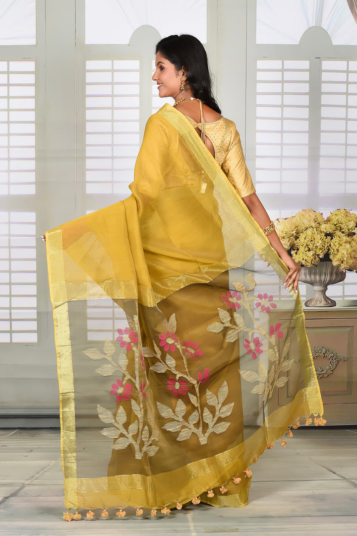 Mustard Yellow Linen Handloom Saree - Keya Seth Exclusive