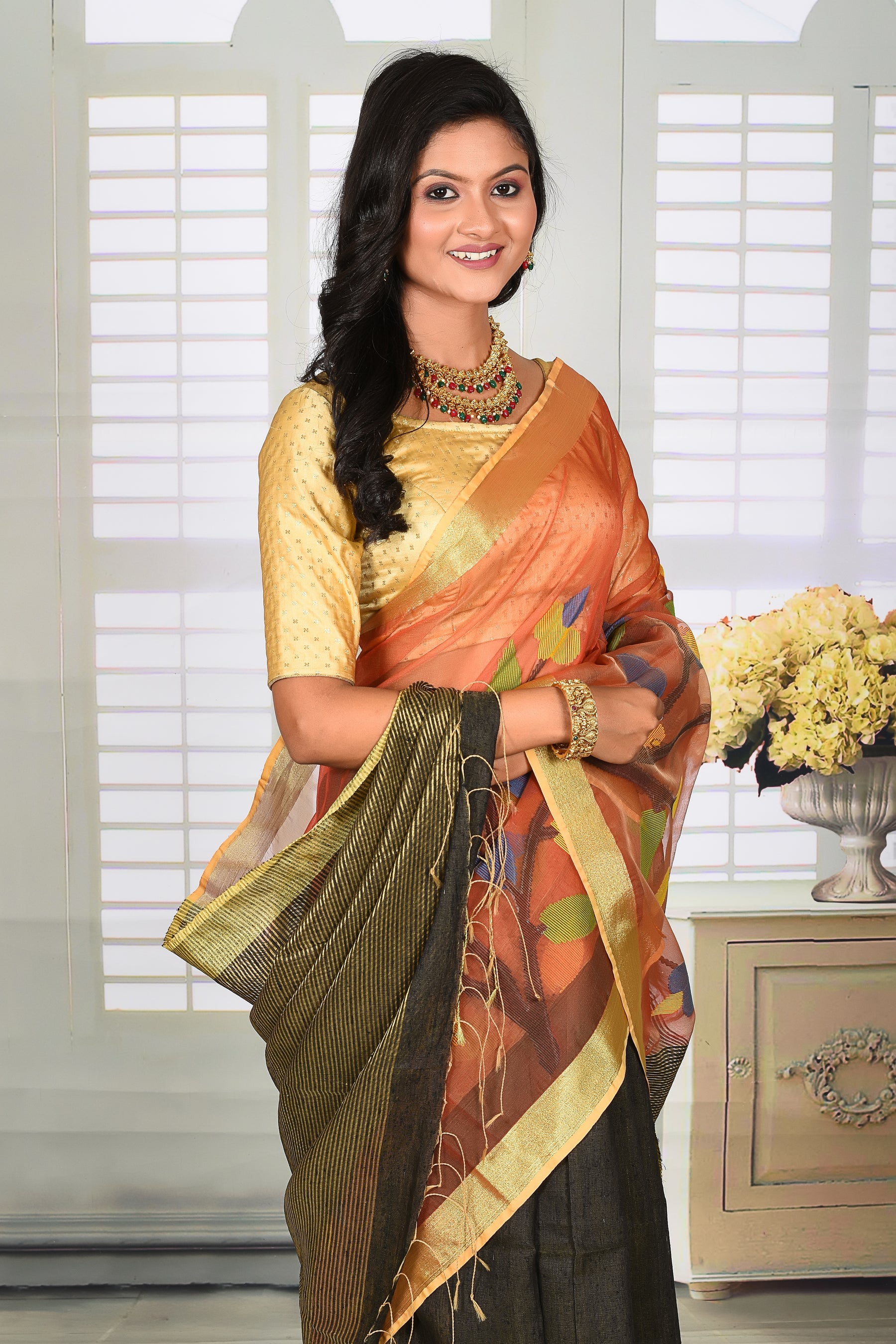 Rust Black Half & Half Linen Handloom Saree - Keya Seth Exclusive