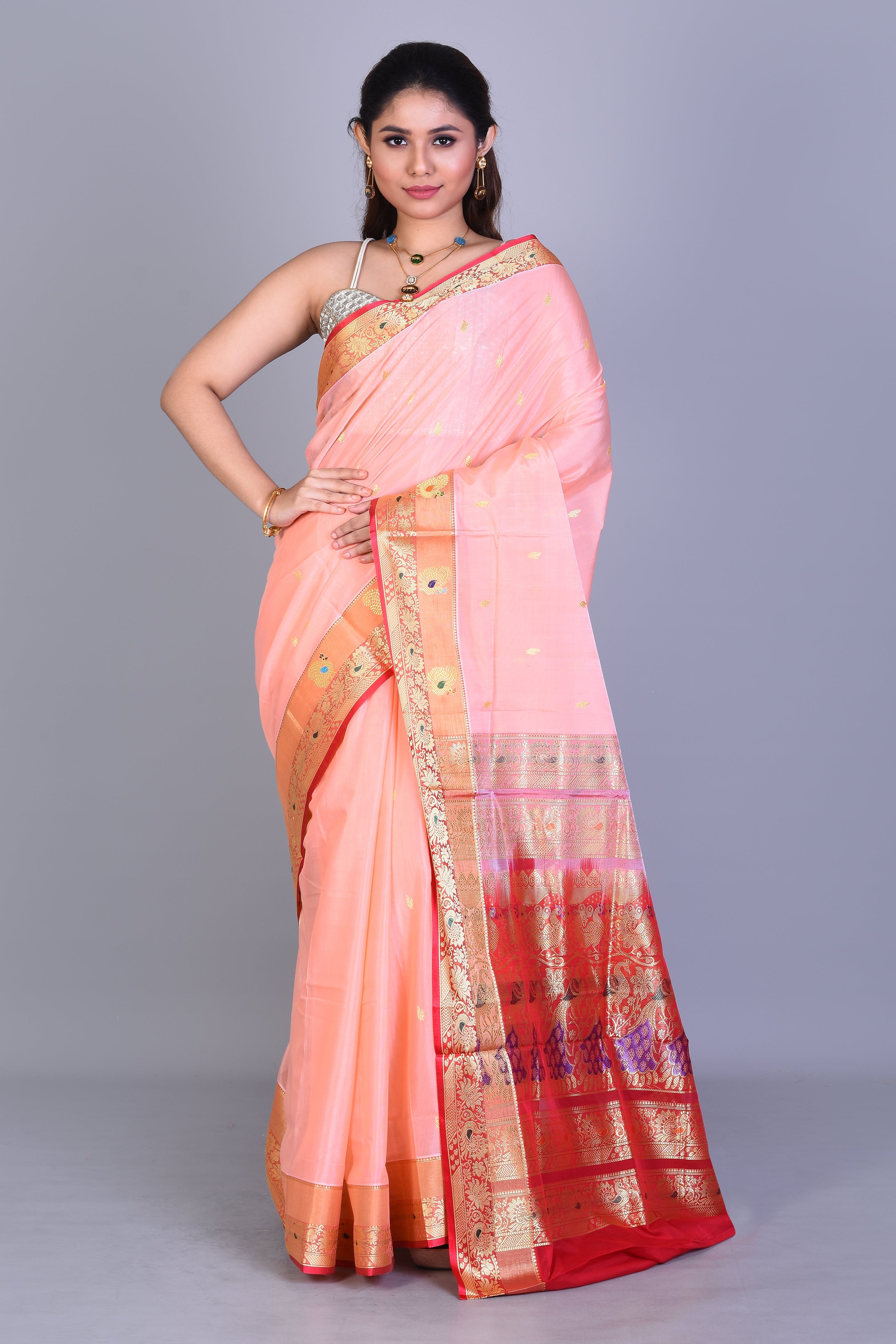 Light Peach Pattu Silk Saree with Blouse Piece - Keya Seth Exclusive