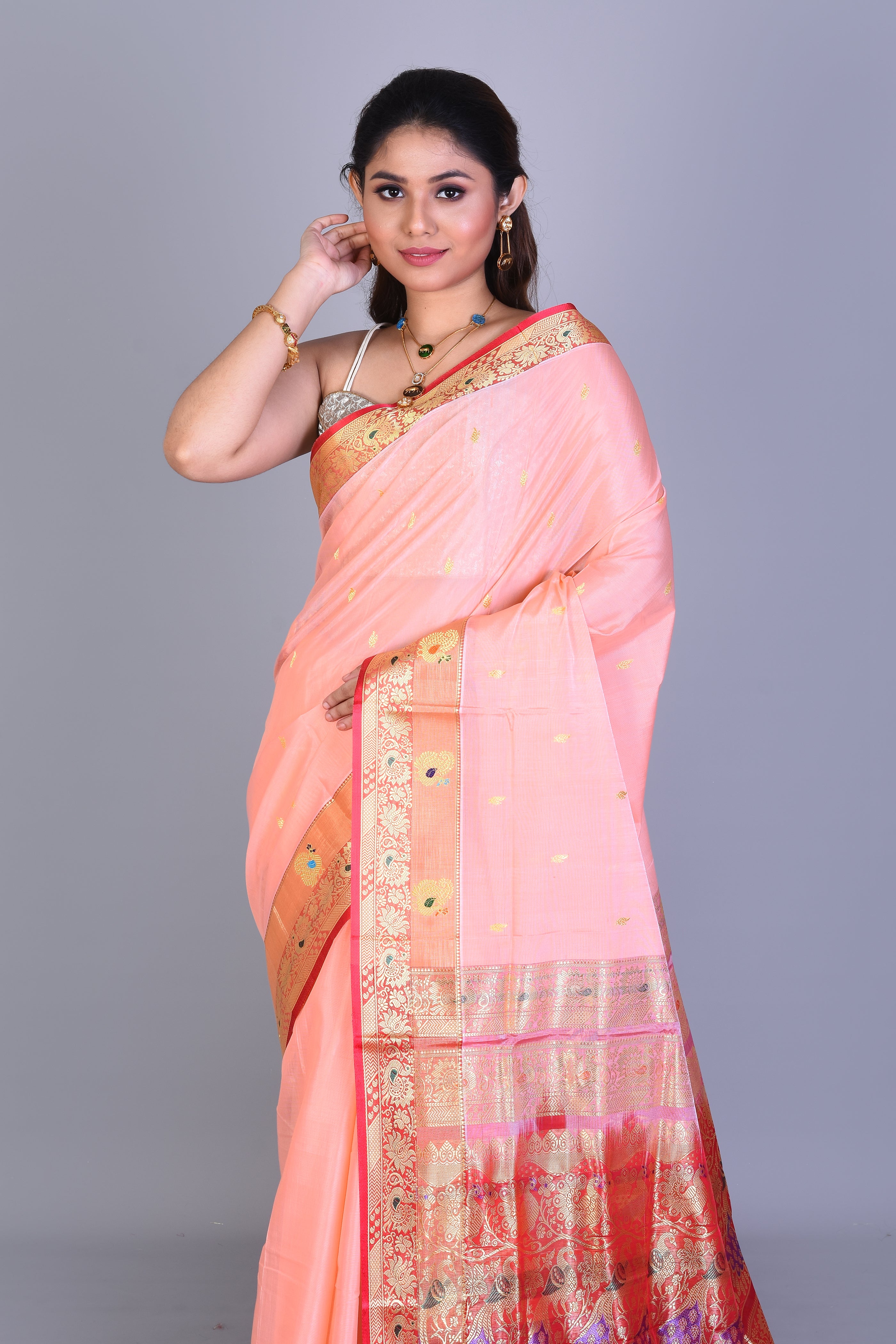 Light Peach Pattu Silk Saree with Blouse Piece - Keya Seth Exclusive