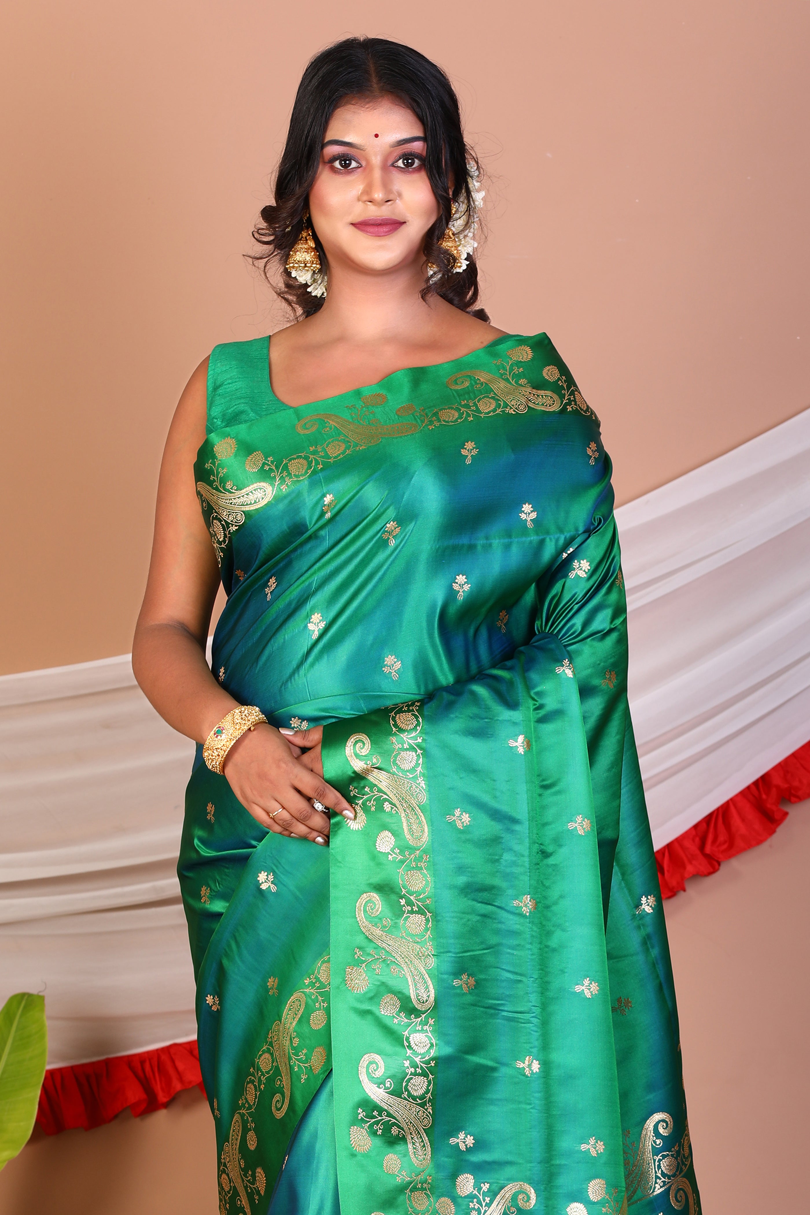 Green Blended Satin Silk Saree - Keya Seth Exclusive