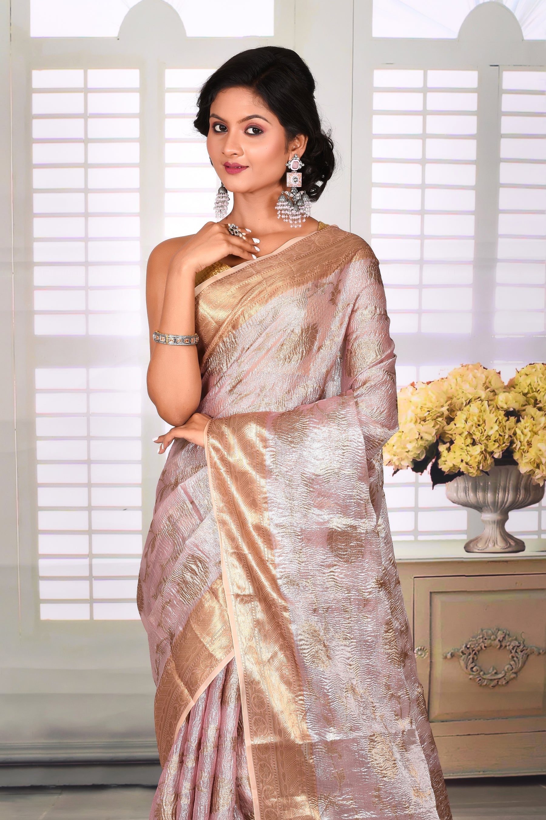 Light Peach Crushed Tissue Saree - Keya Seth Exclusive