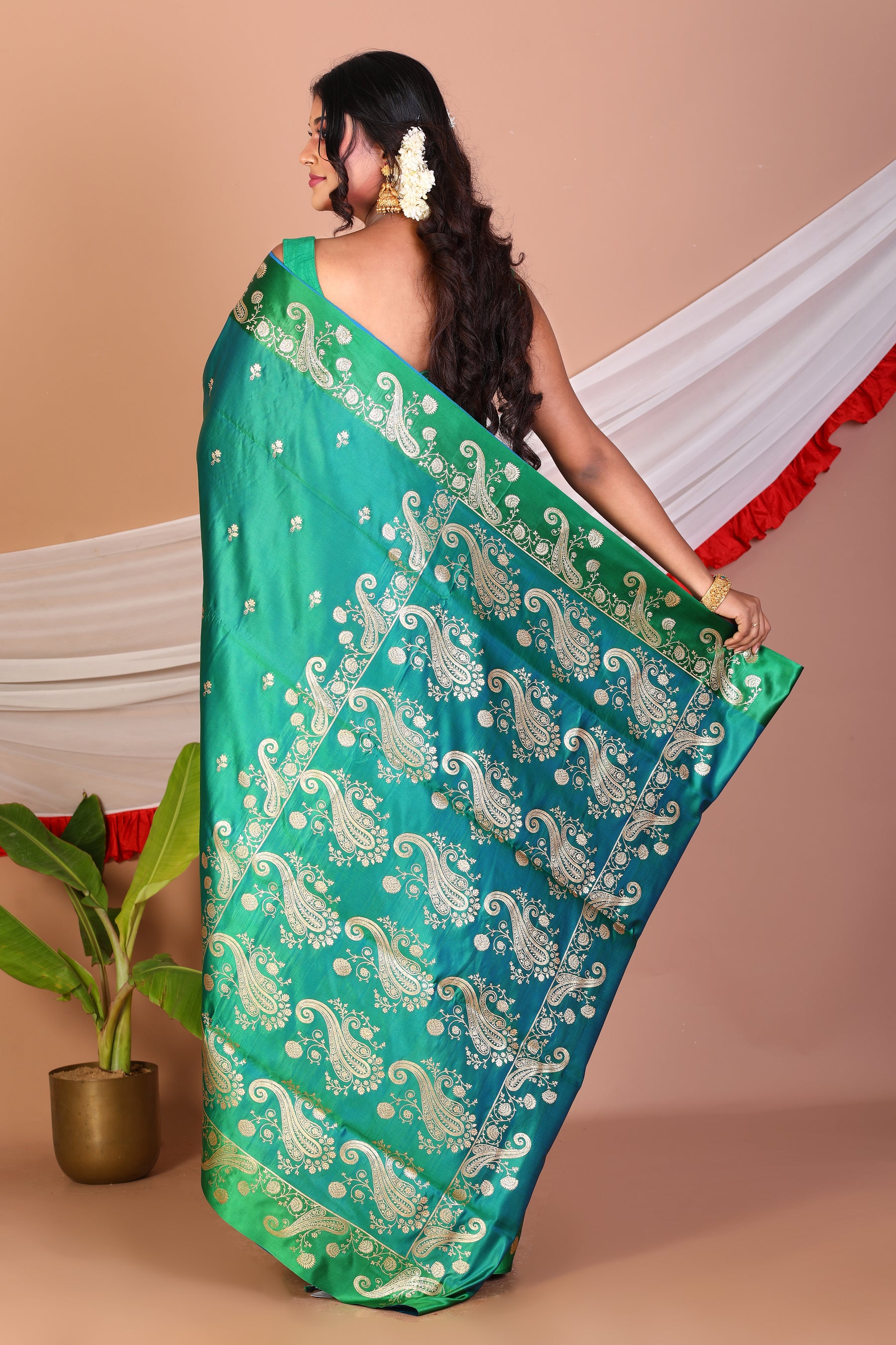 Green Blended Satin Silk Saree - Keya Seth Exclusive