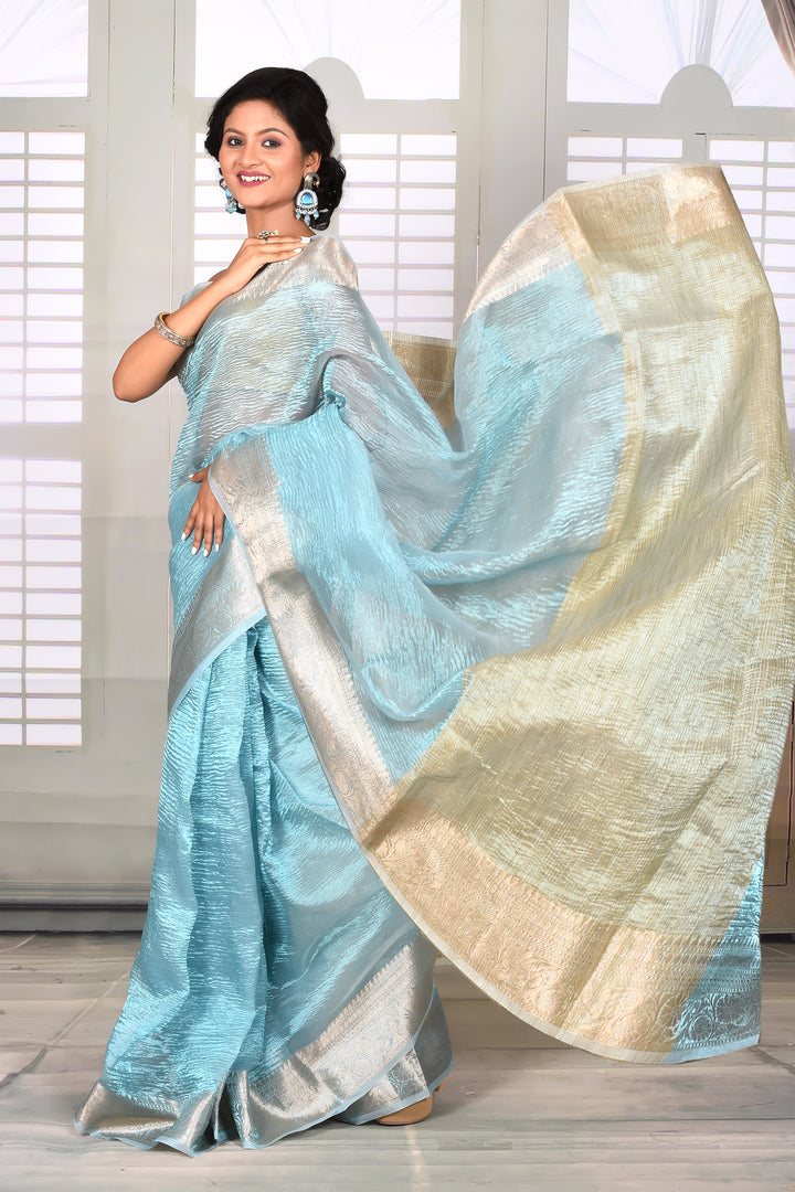Sky Blue Crushed Tissue Saree - Keya Seth Exclusive