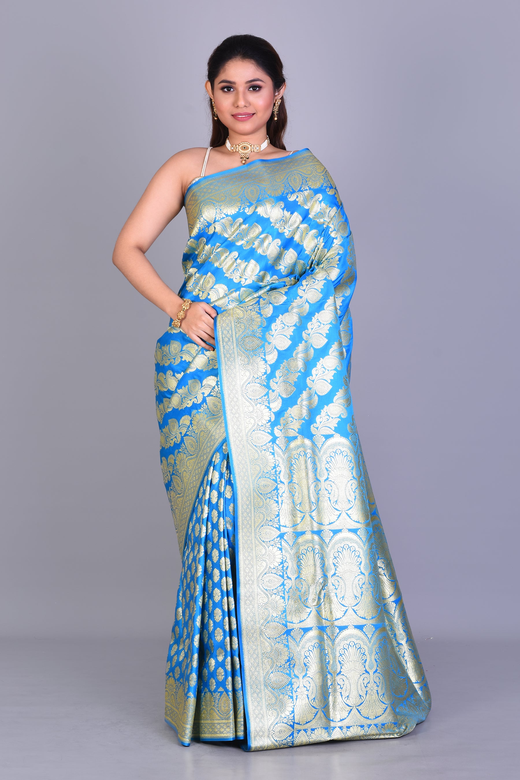 Bright Blue Half & Half Banarasi Saree with Blouse Piece - Keya Seth Exclusive