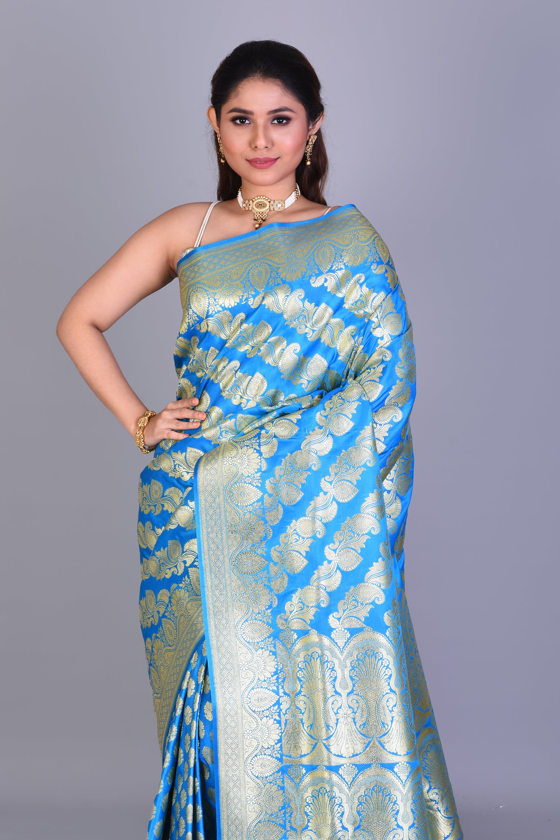 Bright Blue Half & Half Banarasi Saree with Blouse Piece - Keya Seth Exclusive