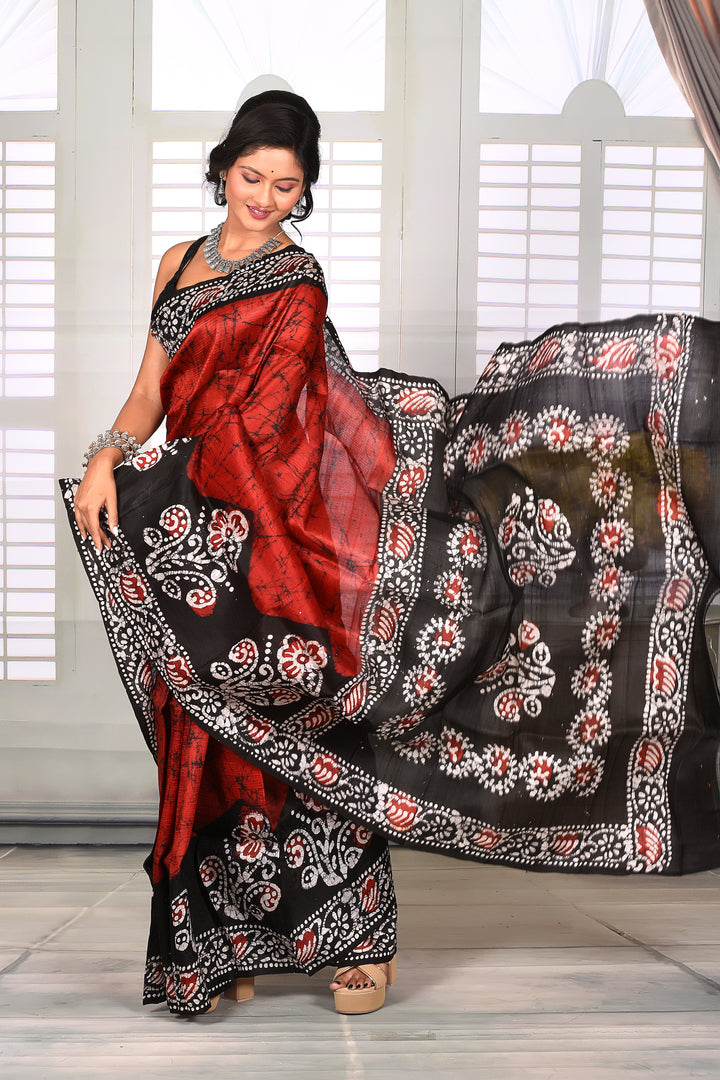 Red Black Batik Semi Silk Saree - Keya Seth Exclusive