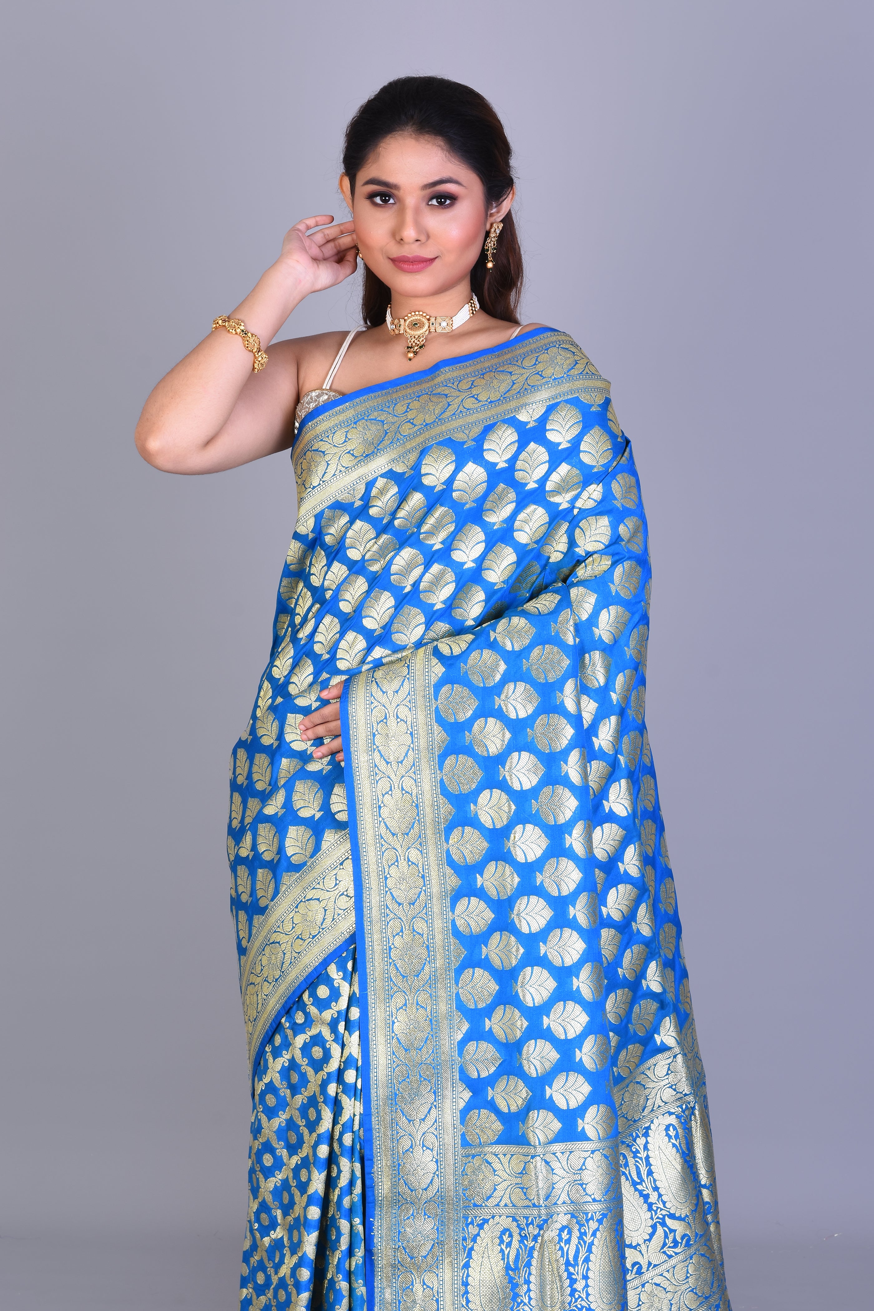 Bright Blue Half & Half Banarasi Saree with Blouse Piece - Keya Seth Exclusive