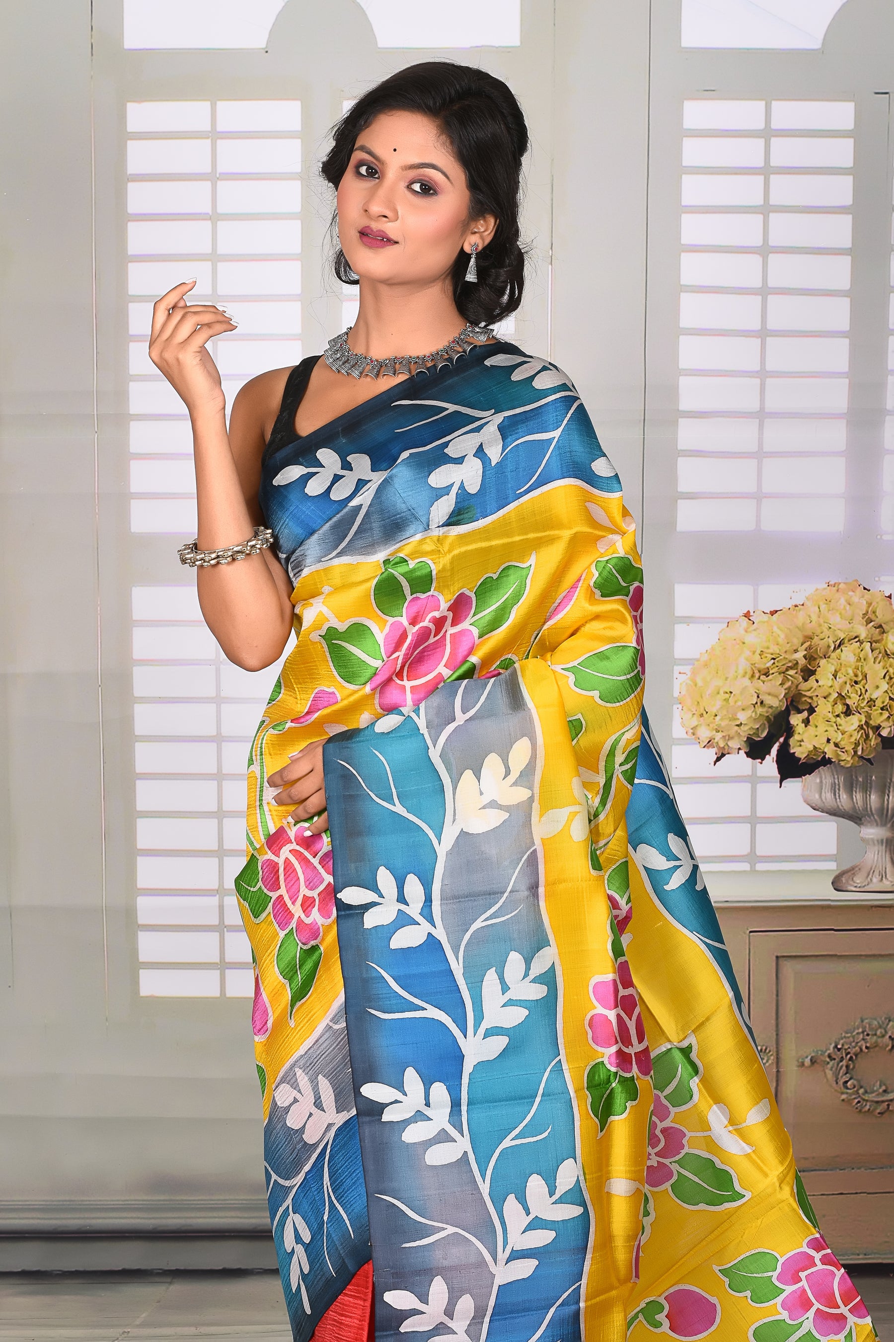 Yellow Blue Printed Semi Silk Saree - Keya Seth Exclusive