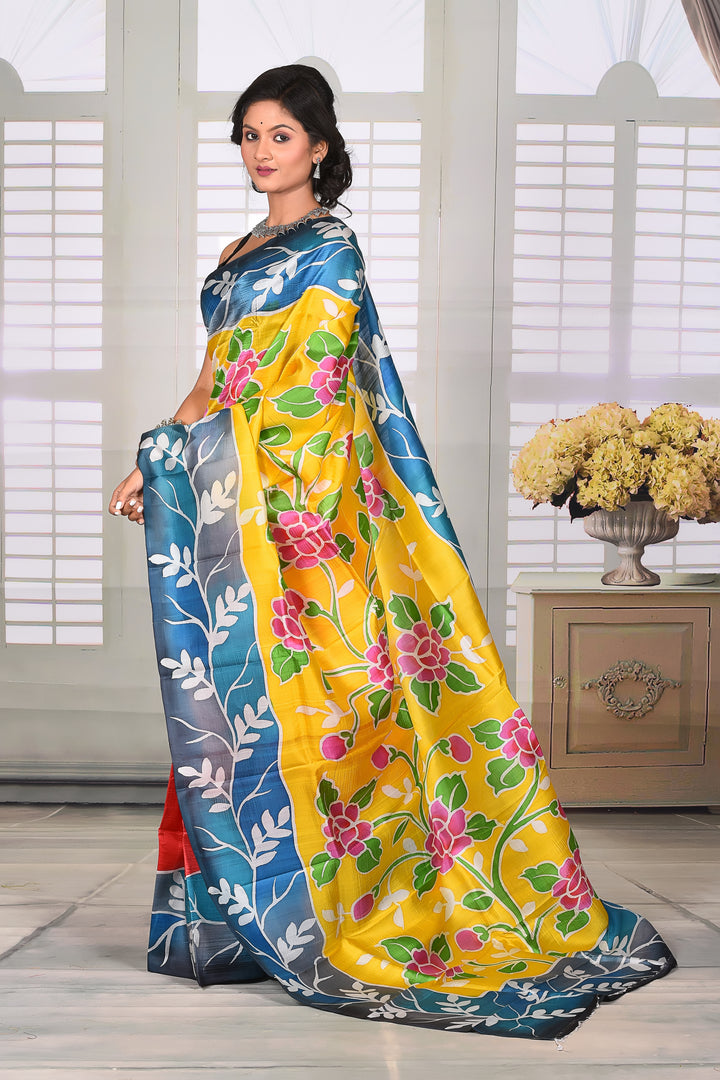 Yellow Blue Printed Semi Silk Saree - Keya Seth Exclusive