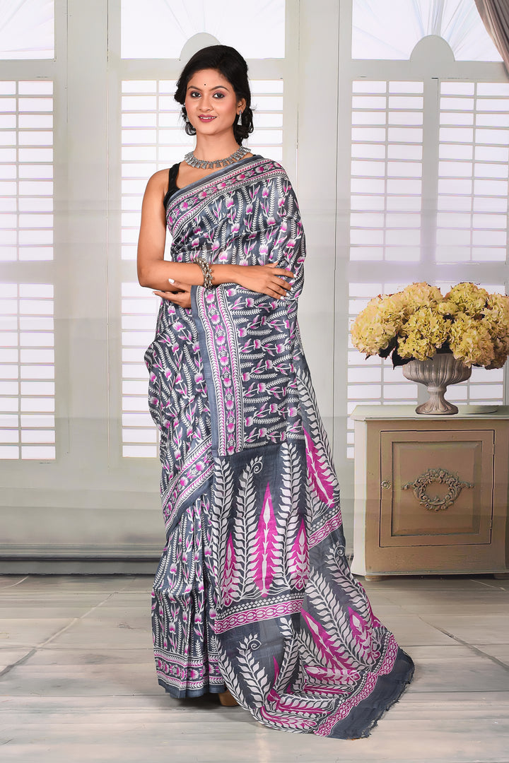 Grey Pink Printed Semi Silk Saree - Keya Seth Exclusive