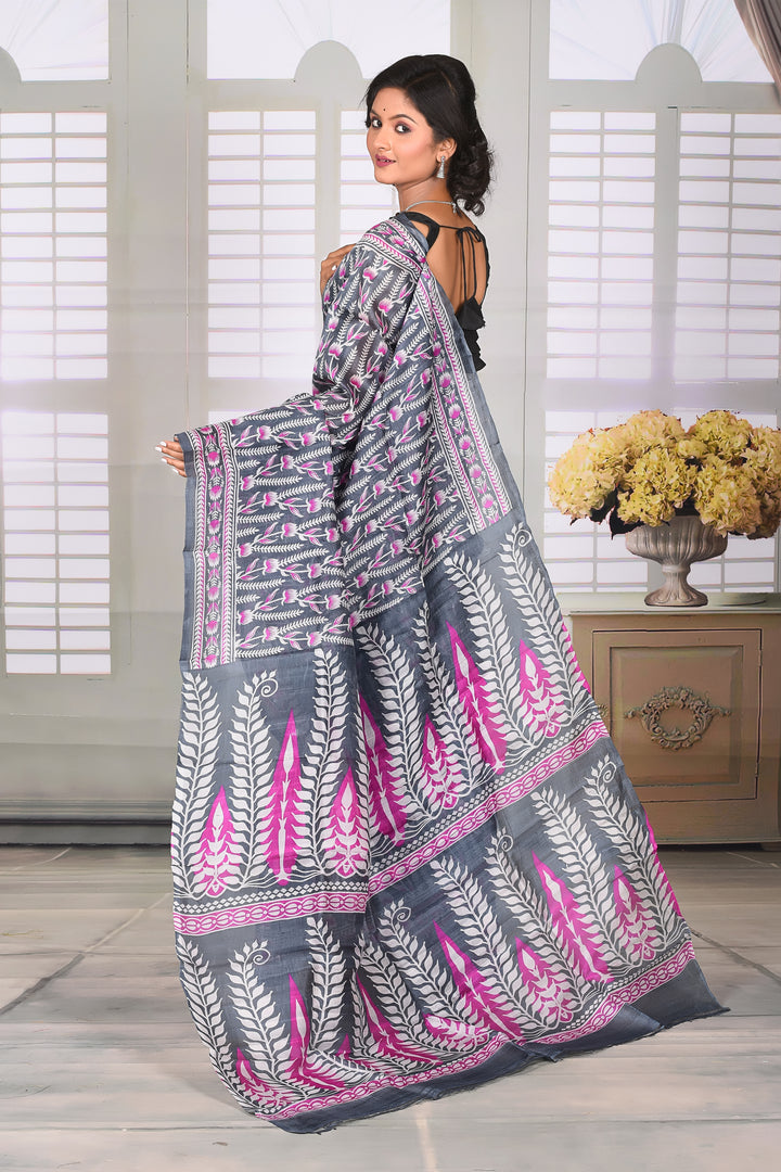 Grey Pink Printed Semi Silk Saree - Keya Seth Exclusive