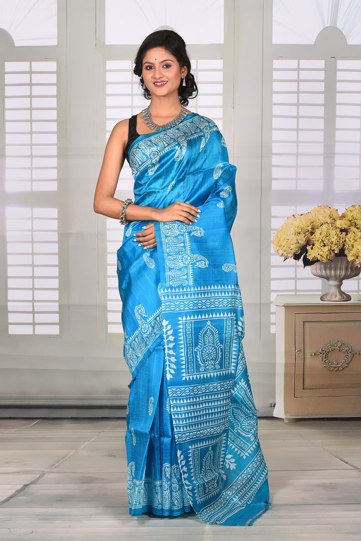 Sky Blue Printed Semi Silk Saree - Keya Seth Exclusive
