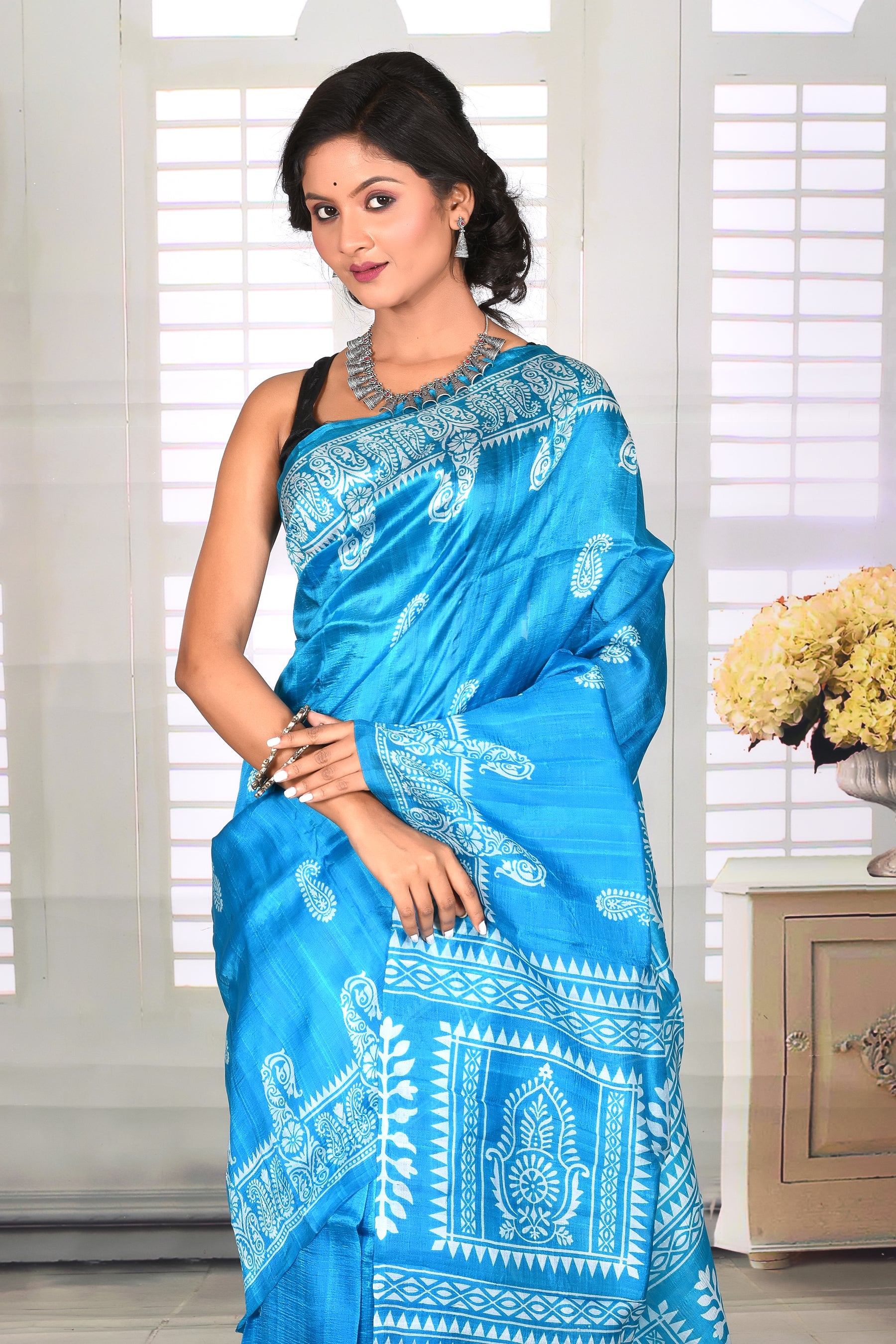 Sky Blue Printed Semi Silk Saree - Keya Seth Exclusive