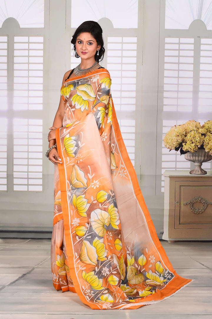 Cream Floral Printed Semi Silk Saree - Keya Seth Exclusive