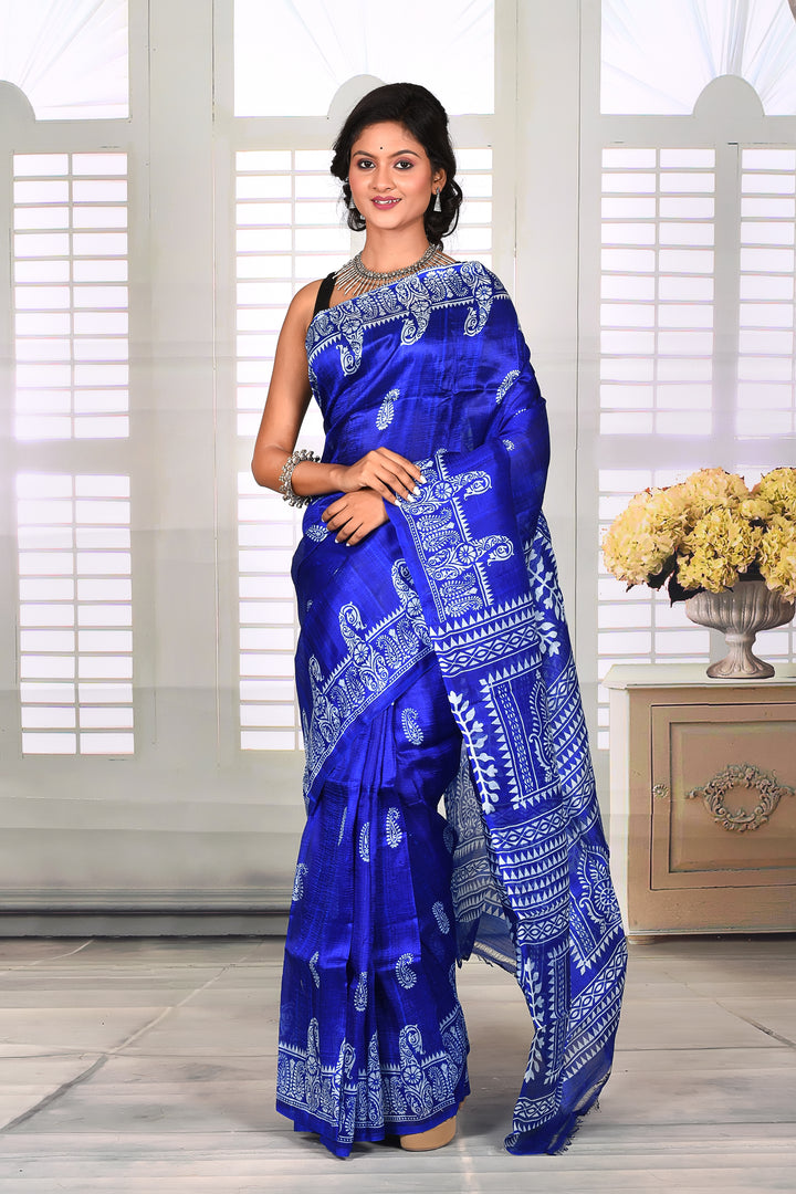 Bright Blue Printed Semi Silk Saree - Keya Seth Exclusive