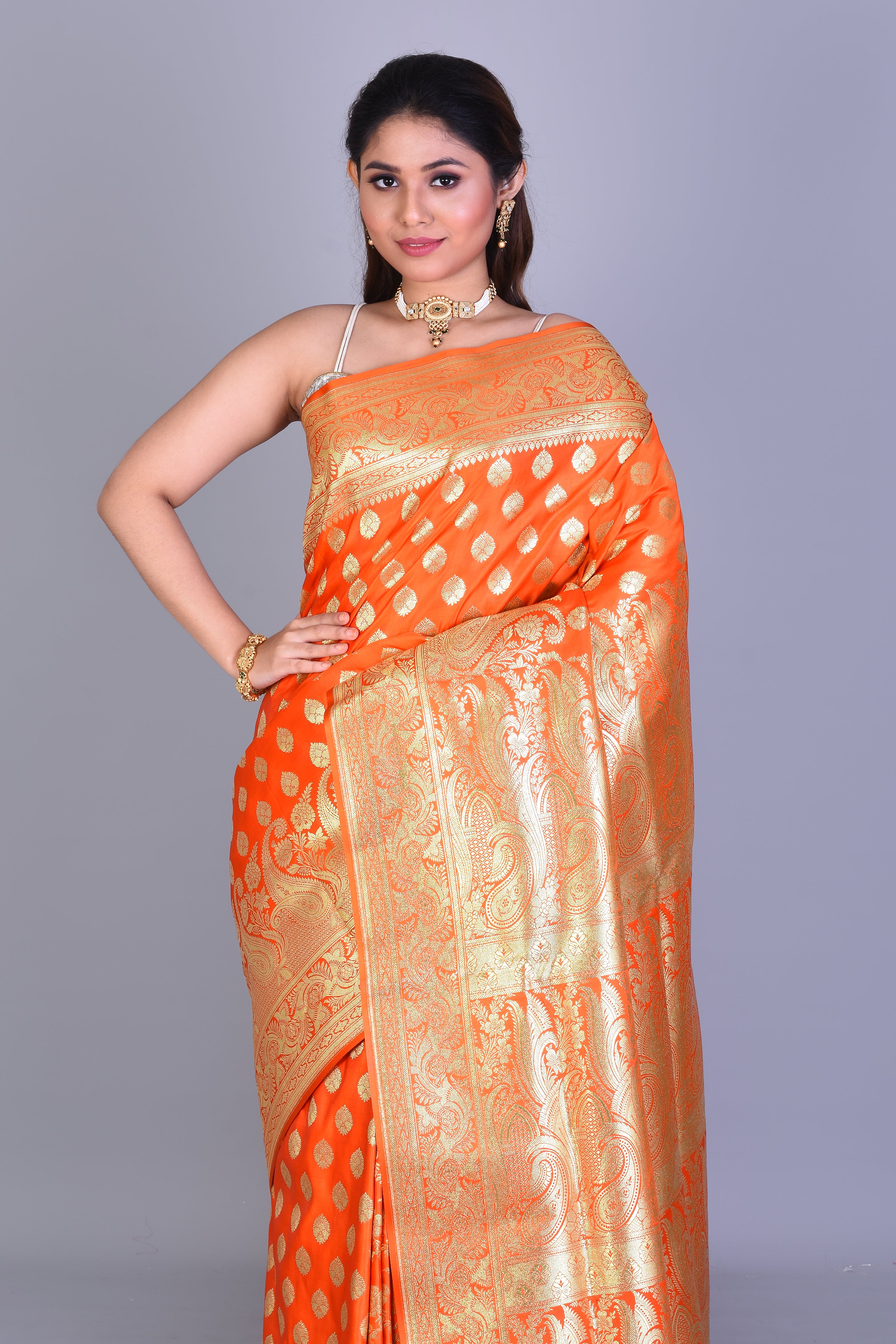 Orange Patli Pallu Banarasi Saree with Blouse Piece - Keya Seth Exclusive