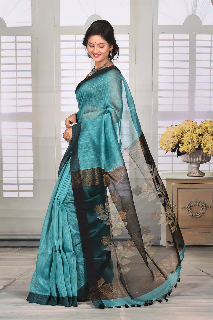 Sky Blue Linen Handloom Saree - Keya Seth Exclusive