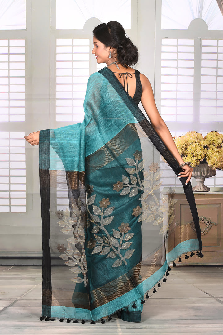 Sky Blue Linen Handloom Saree - Keya Seth Exclusive