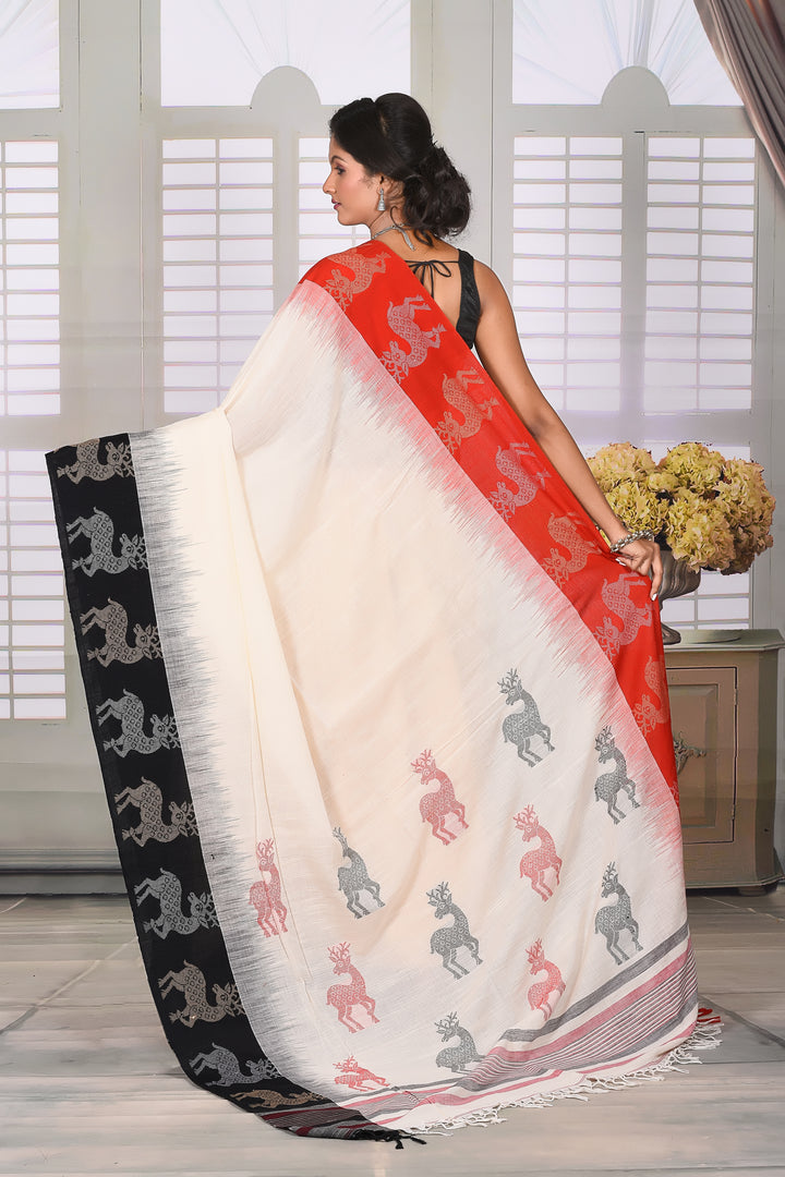 White Cotton Handloom Saree with Ganga-Jamuna Border - Keya Seth Exclusive