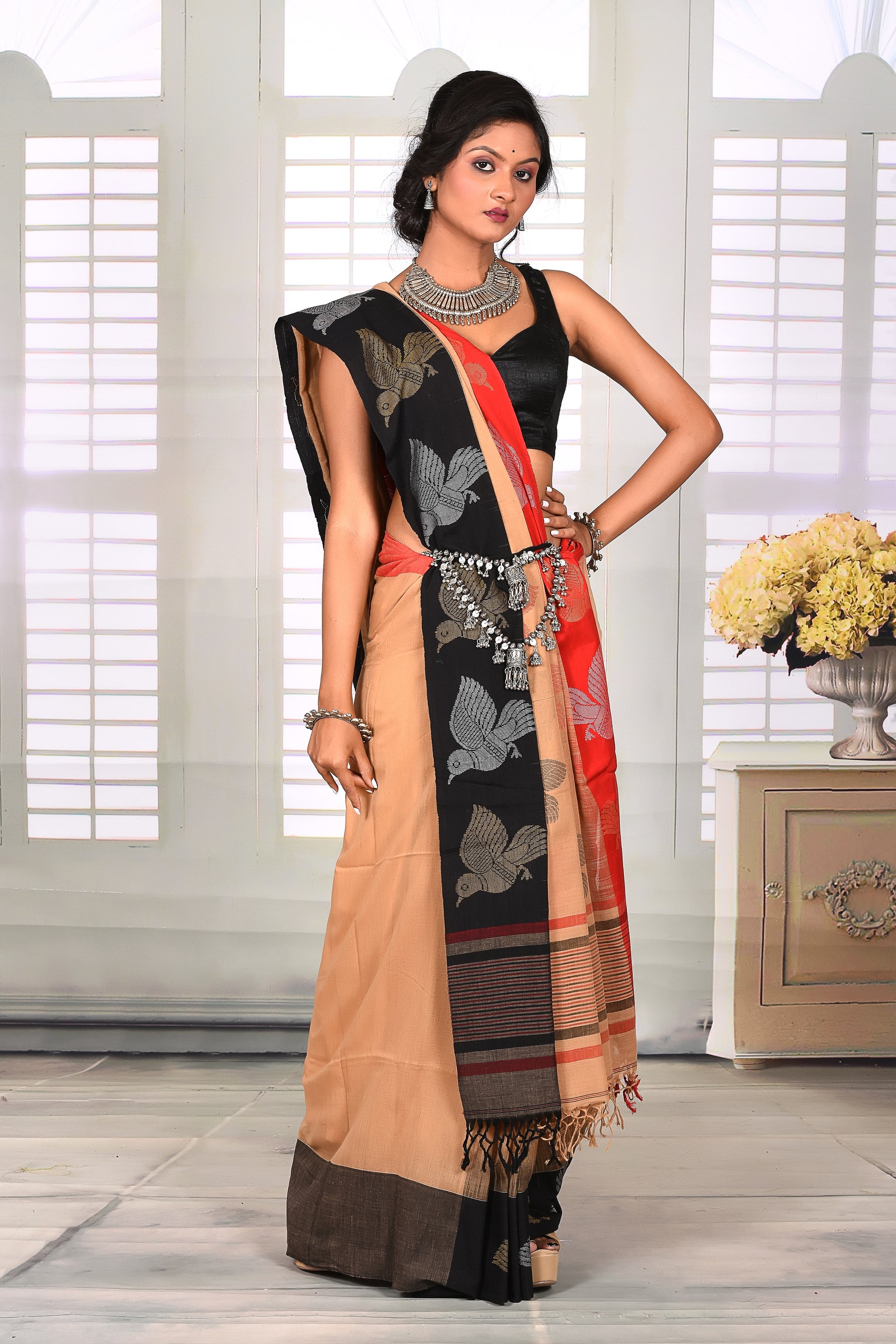 Beige Cotton Handloom Saree with Ganga-Jamuna Border - Keya Seth Exclusive