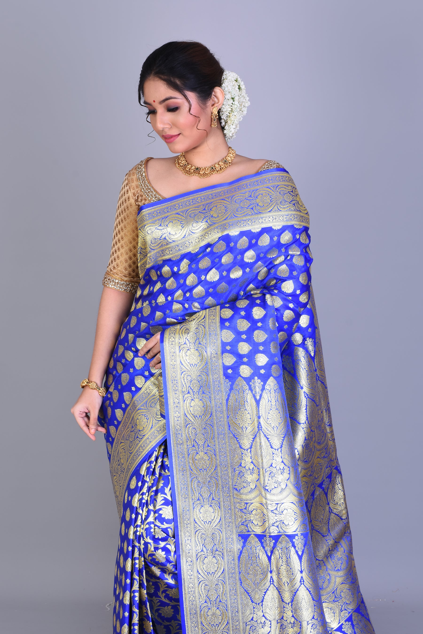 Royal Blue Patli Pallu Banarasi Saree with Blouse Piece - Keya Seth Exclusive