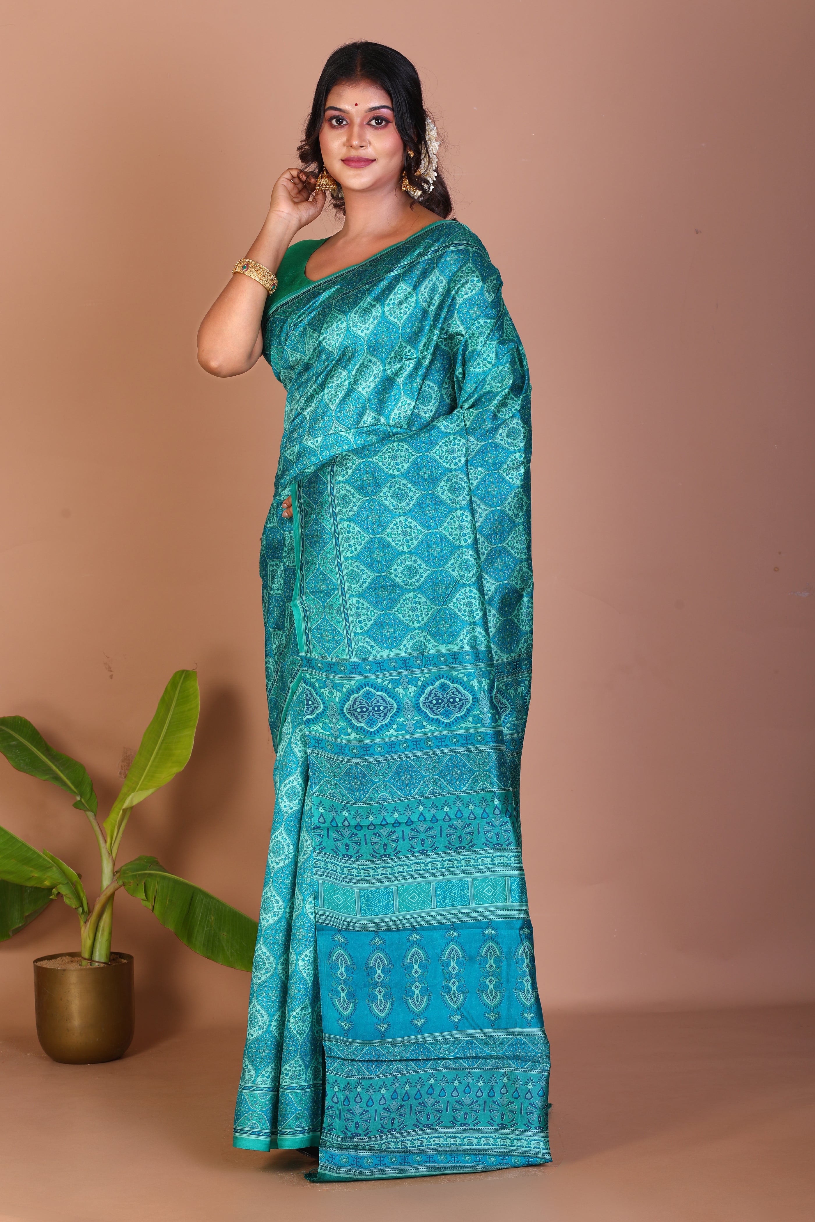 Blue Blended Printed Silk Saree - Keya Seth Exclusive
