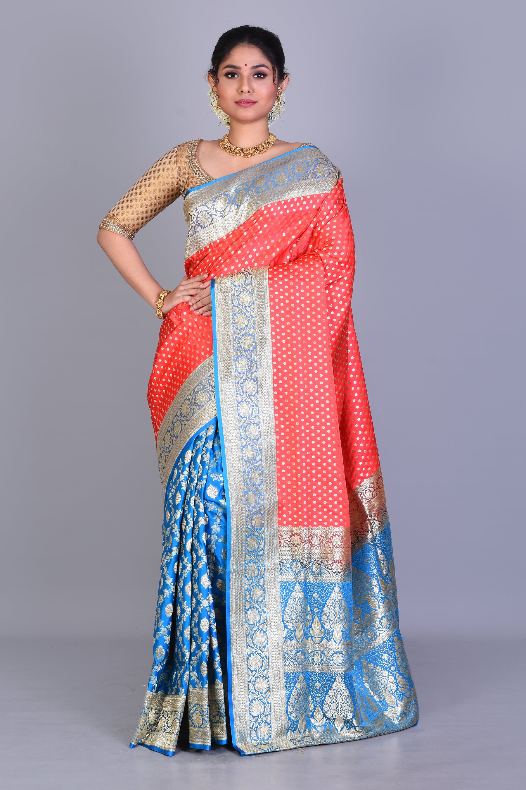 Red & Blue Half & Half Banarasi Saree with Blouse Piece - Keya Seth Exclusive