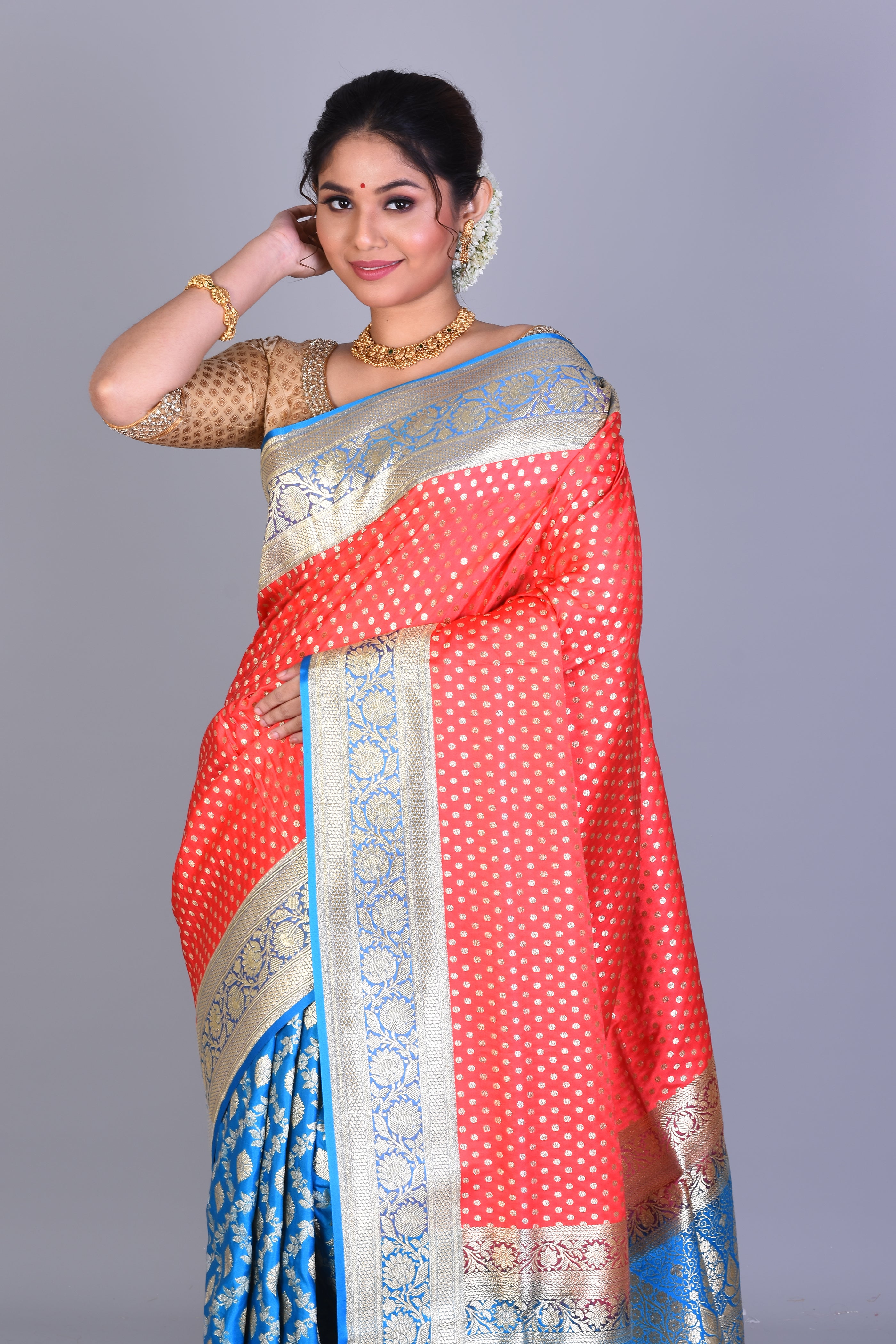 Red & Blue Half & Half Banarasi Saree with Blouse Piece - Keya Seth Exclusive