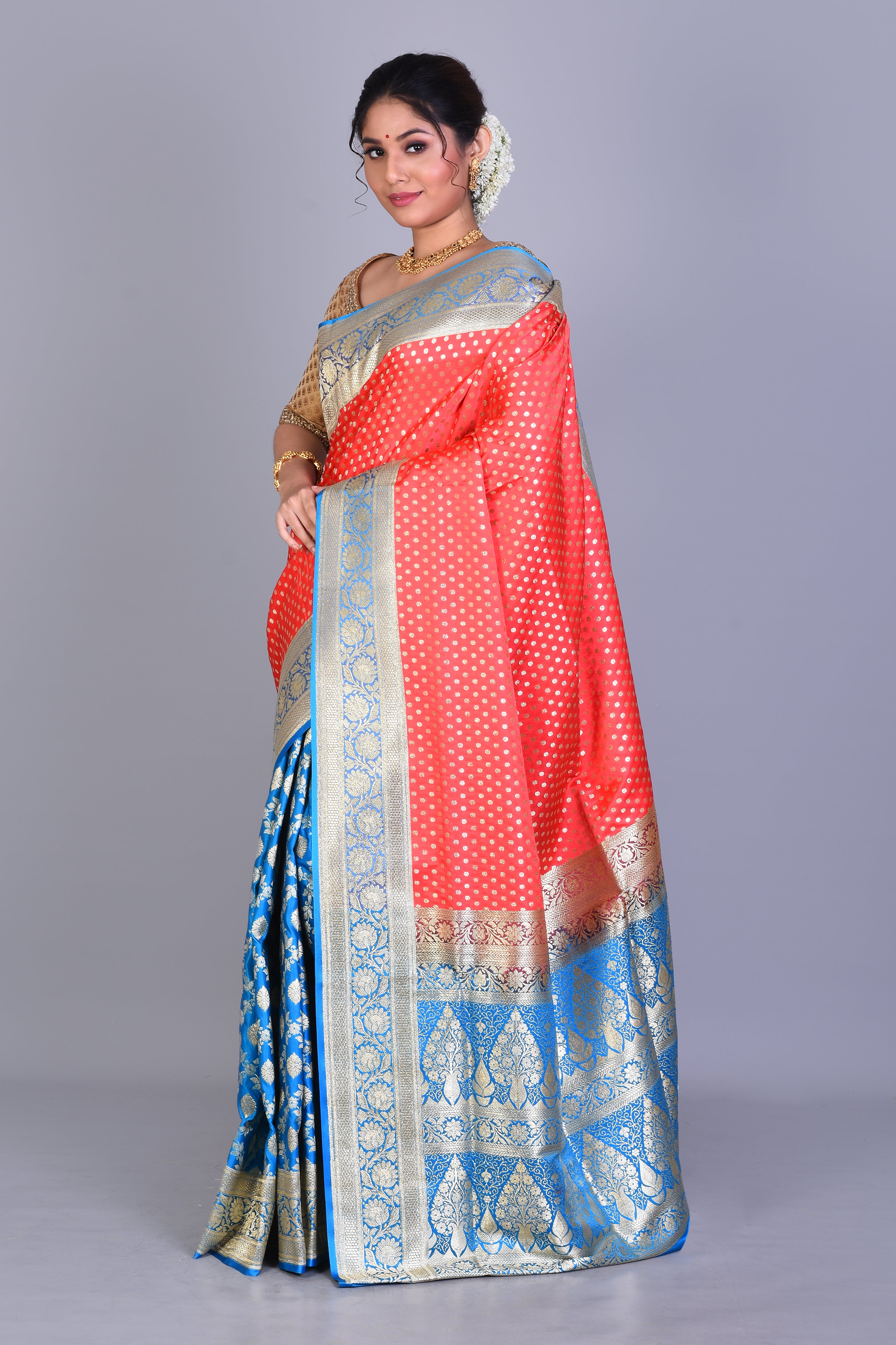 Red & Blue Half & Half Banarasi Saree with Blouse Piece - Keya Seth Exclusive