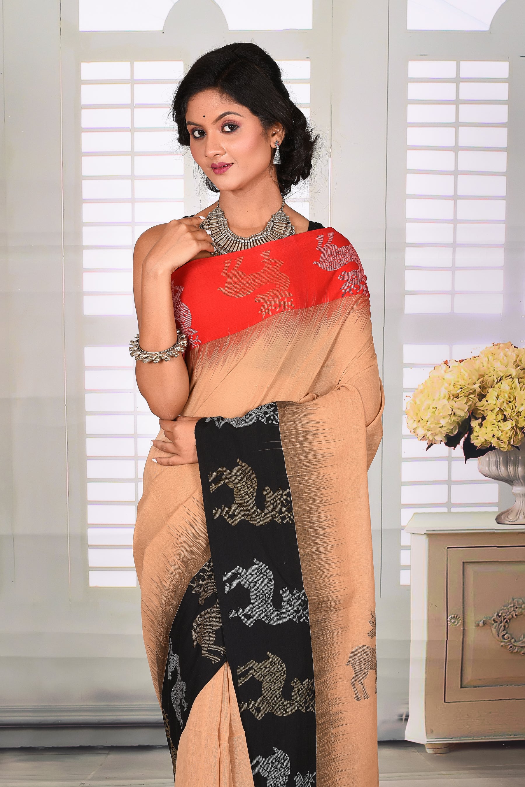 Beige Cotton Handloom Saree with Ganga-Jamuna Border - Keya Seth Exclusive