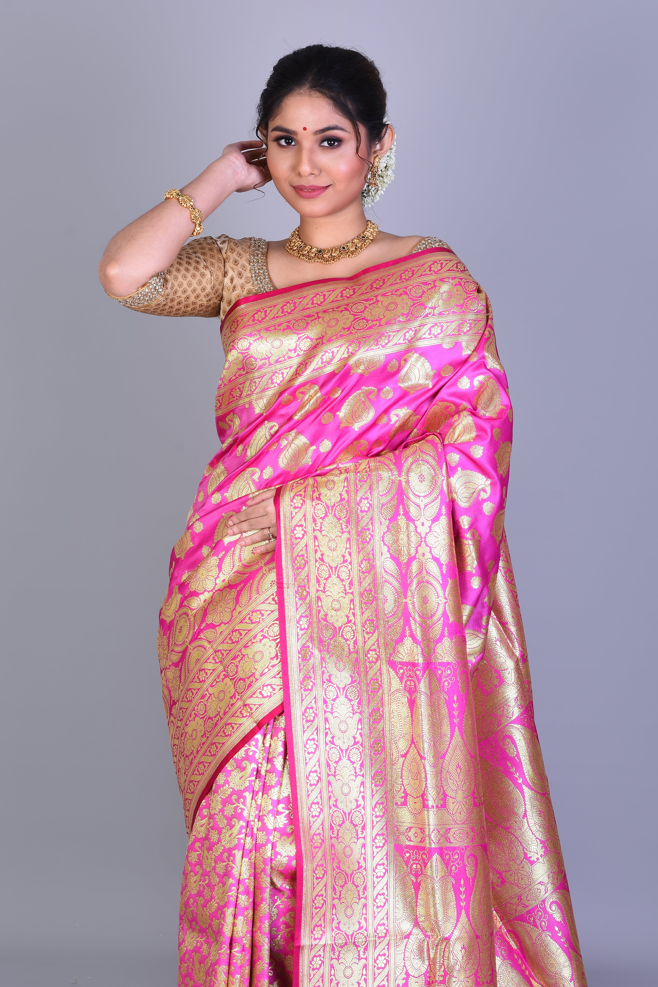 Hot Pink Half & Half Banarasi Saree with Blouse Piece - Keya Seth Exclusive