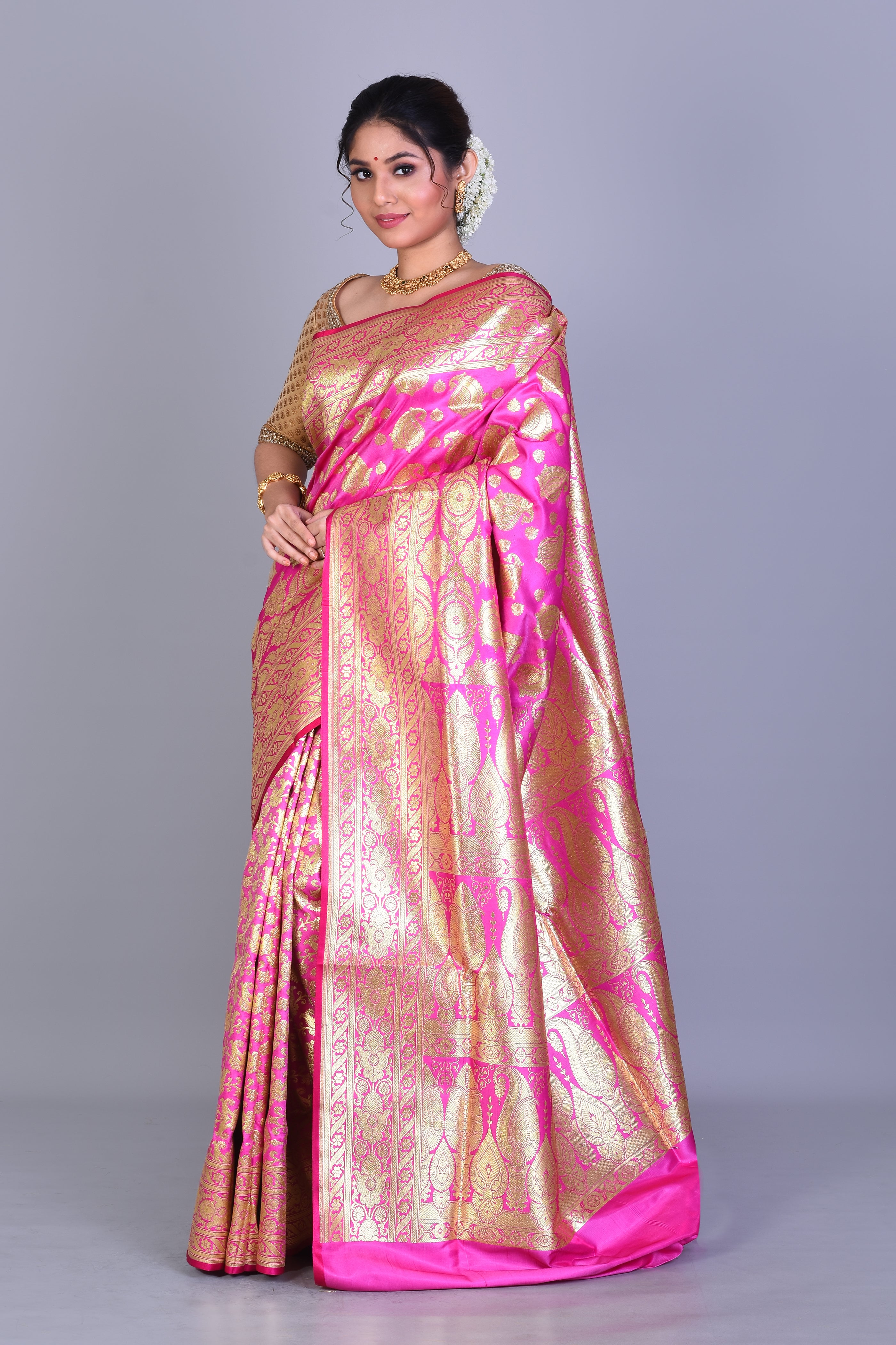 Hot Pink Half & Half Banarasi Saree with Blouse Piece - Keya Seth Exclusive