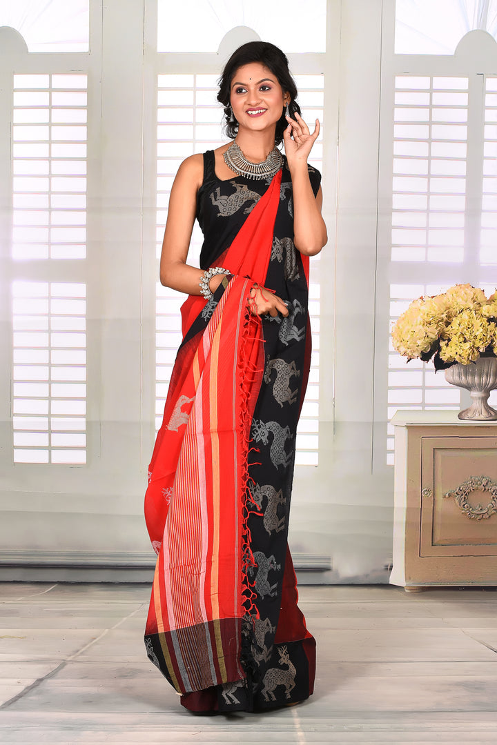 Red and Black Cotton Handloom Saree - Keya Seth Exclusive