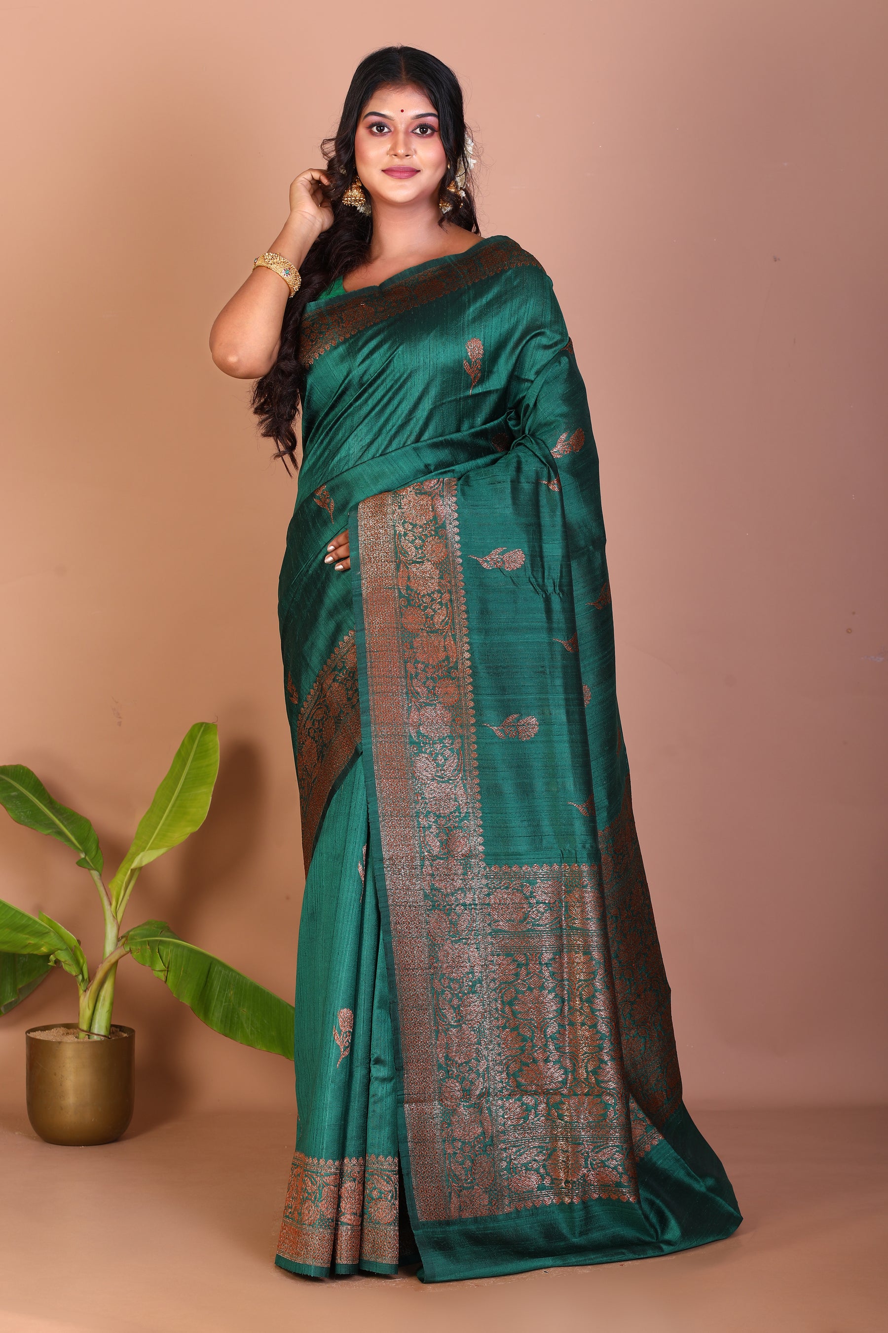 Bottle Green Pure Tussar Saree - Keya Seth Exclusive
