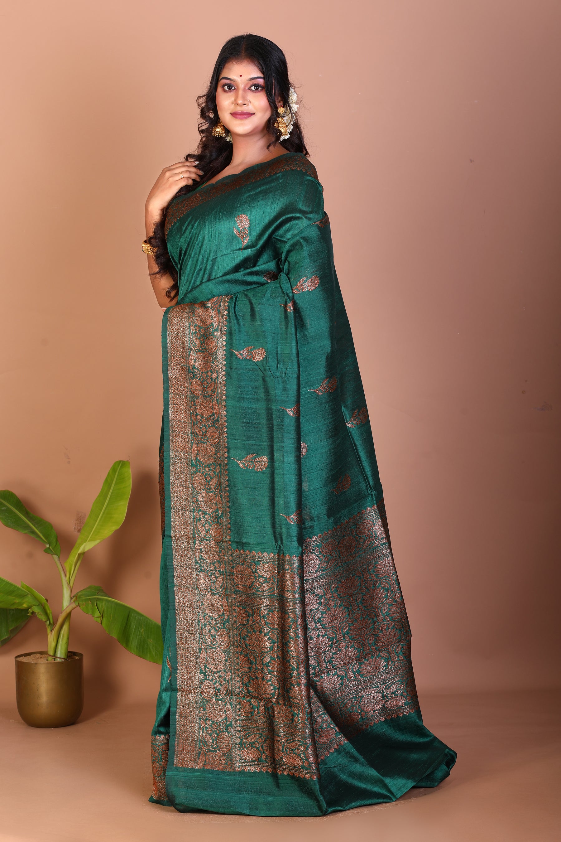 Bottle Green Pure Tussar Saree - Keya Seth Exclusive
