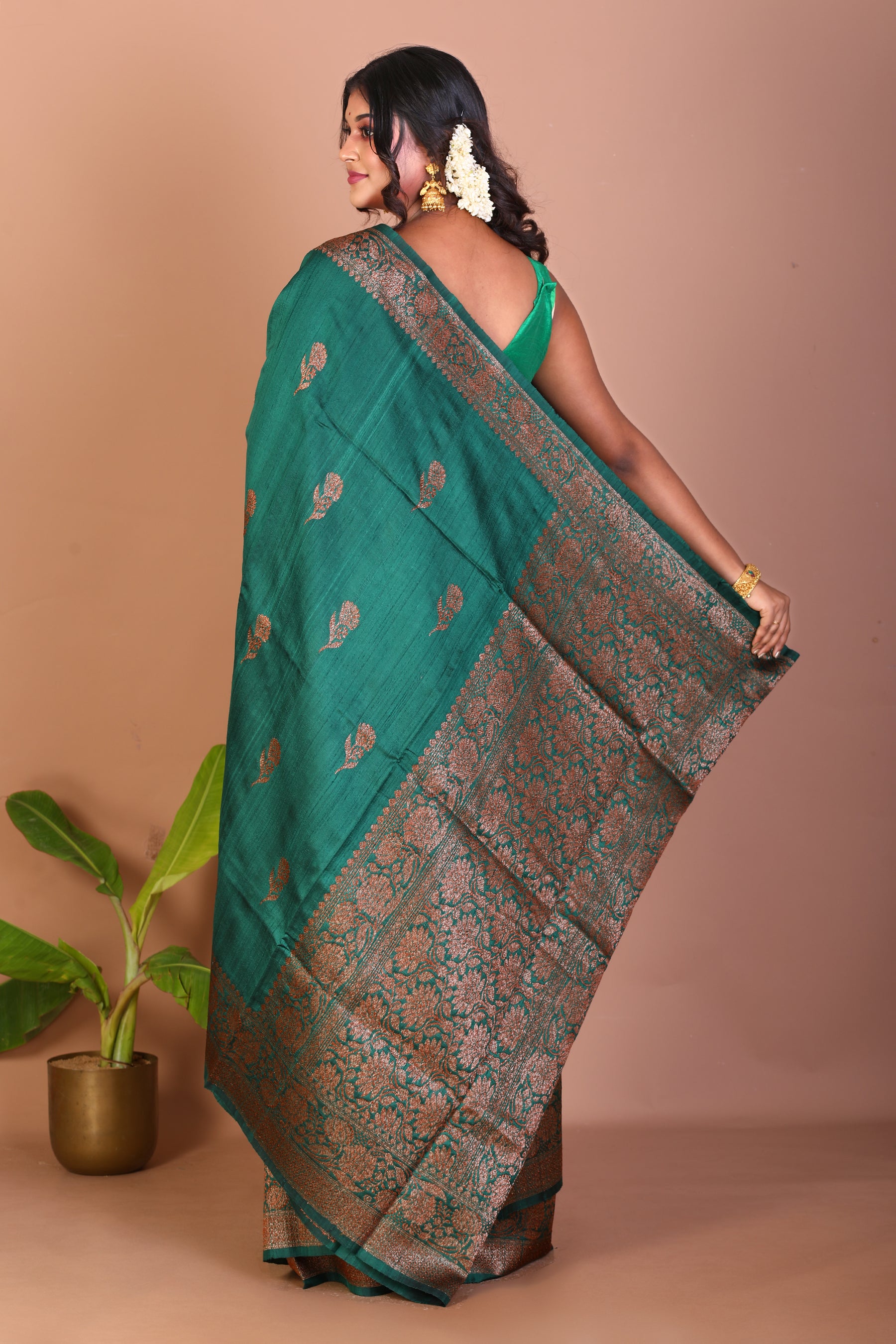 Bottle Green Pure Tussar Saree - Keya Seth Exclusive