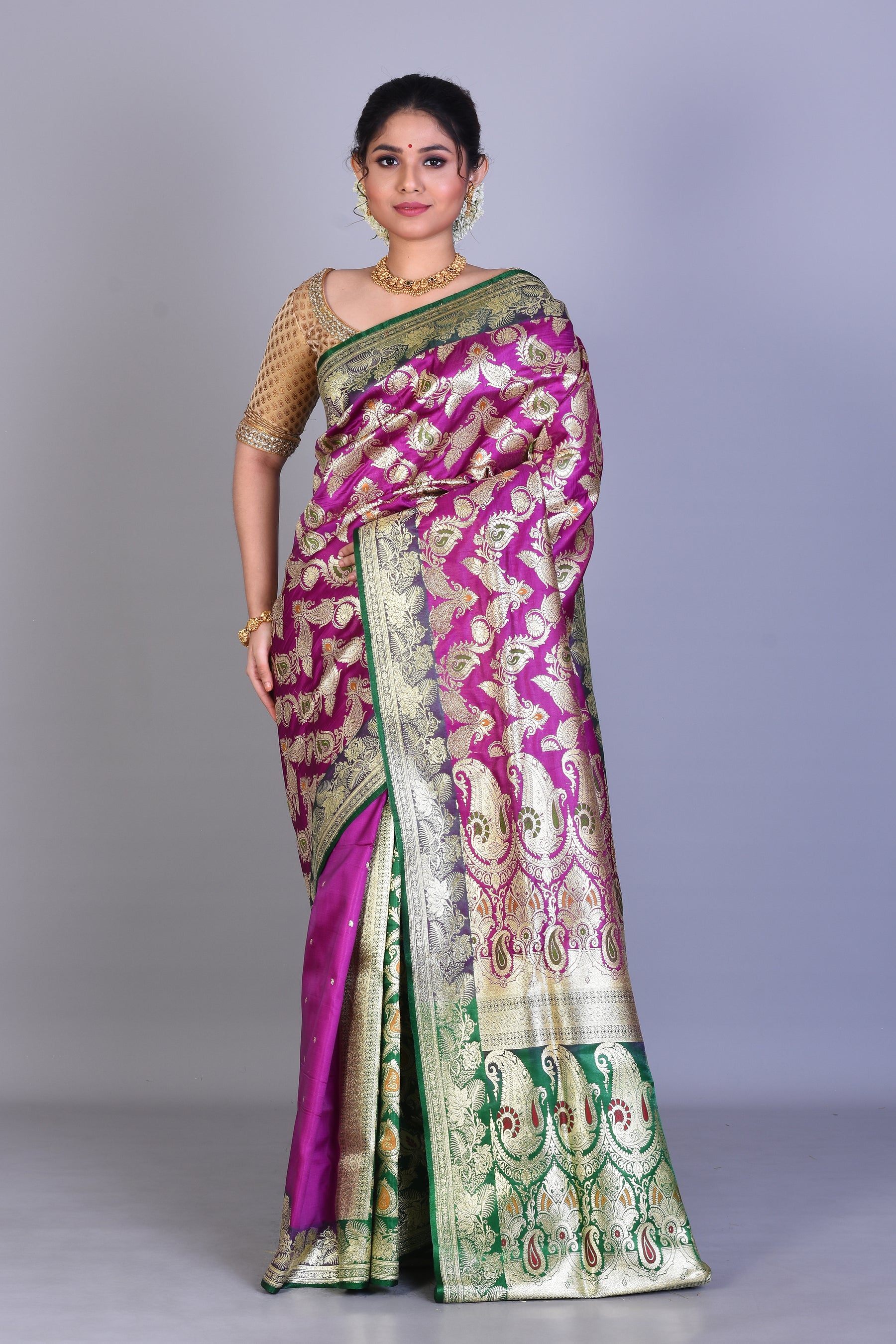 Magenta & Green Patli Pallu Banarasi Saree with Blouse Piece - Keya Seth Exclusive