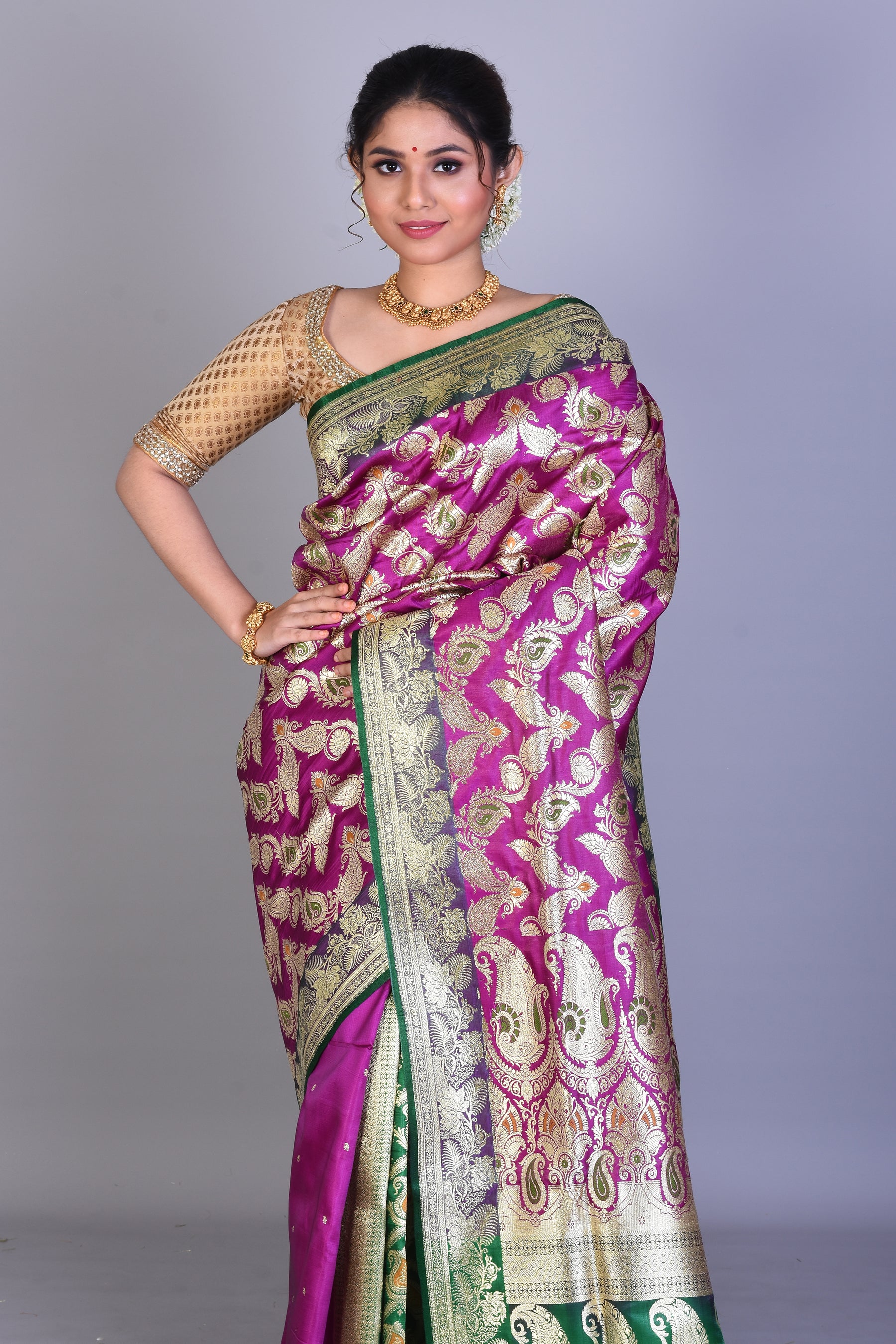 Magenta & Green Patli Pallu Banarasi Saree with Blouse Piece - Keya Seth Exclusive