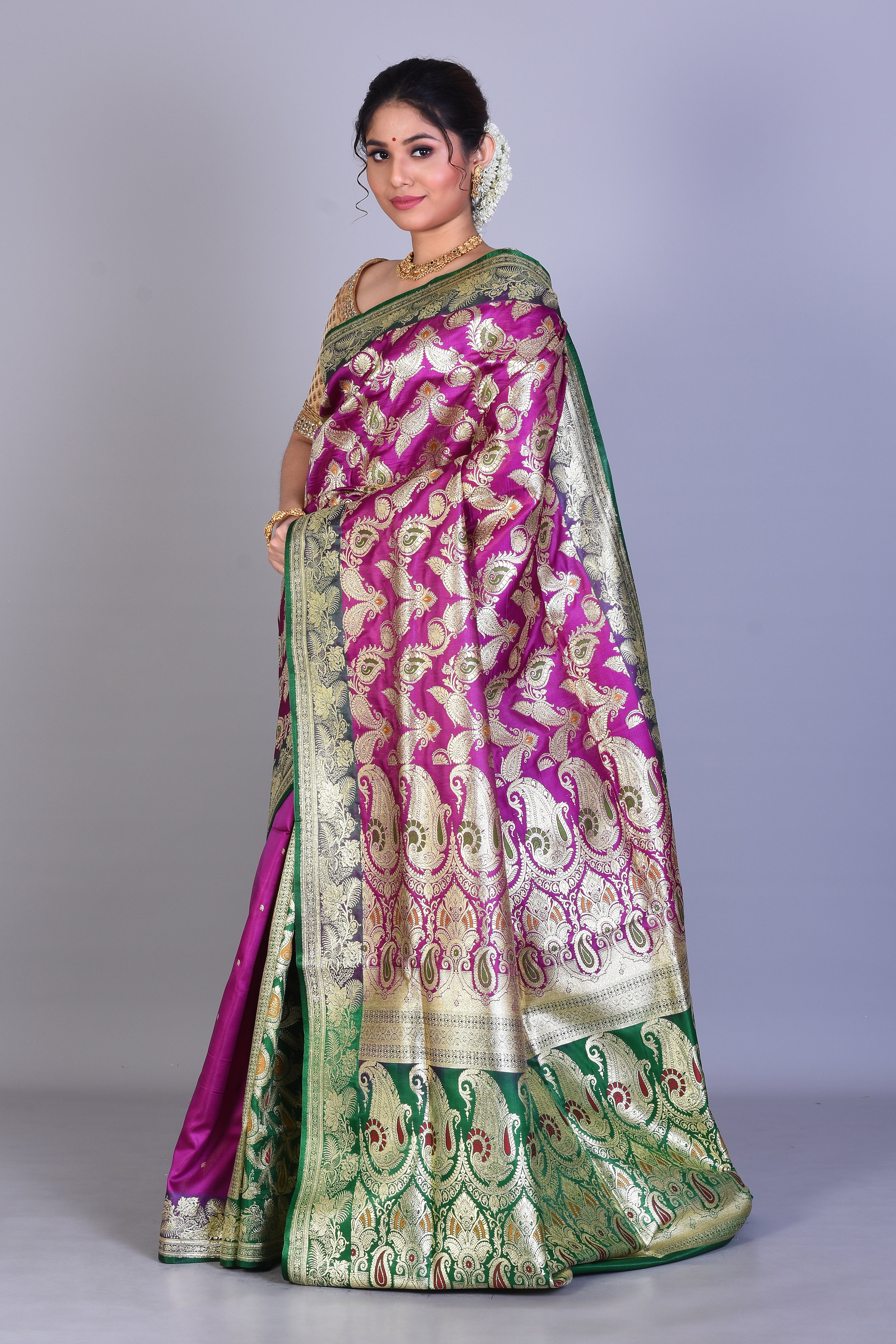 Magenta & Green Patli Pallu Banarasi Saree with Blouse Piece - Keya Seth Exclusive