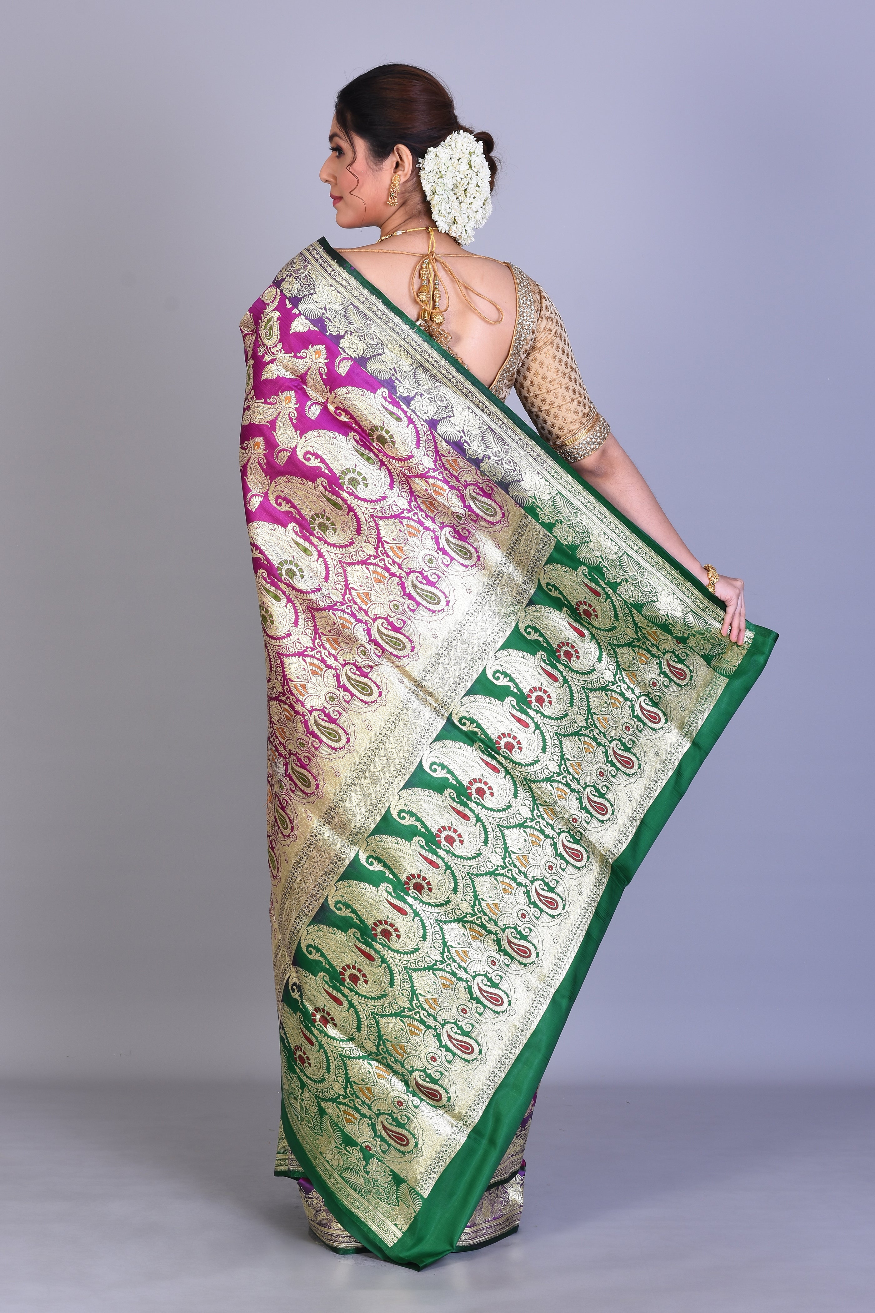 Magenta & Green Patli Pallu Banarasi Saree with Blouse Piece - Keya Seth Exclusive