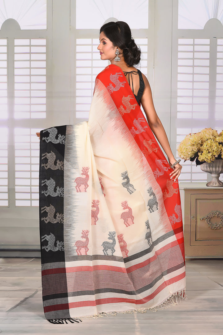 Gorgeous White Cotton Handloom Saree with Ganga-Jamuna Border - Keya Seth Exclusive