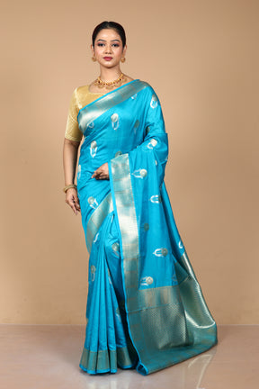 Blue Blended Blended Silk Saree with Blouse Piece