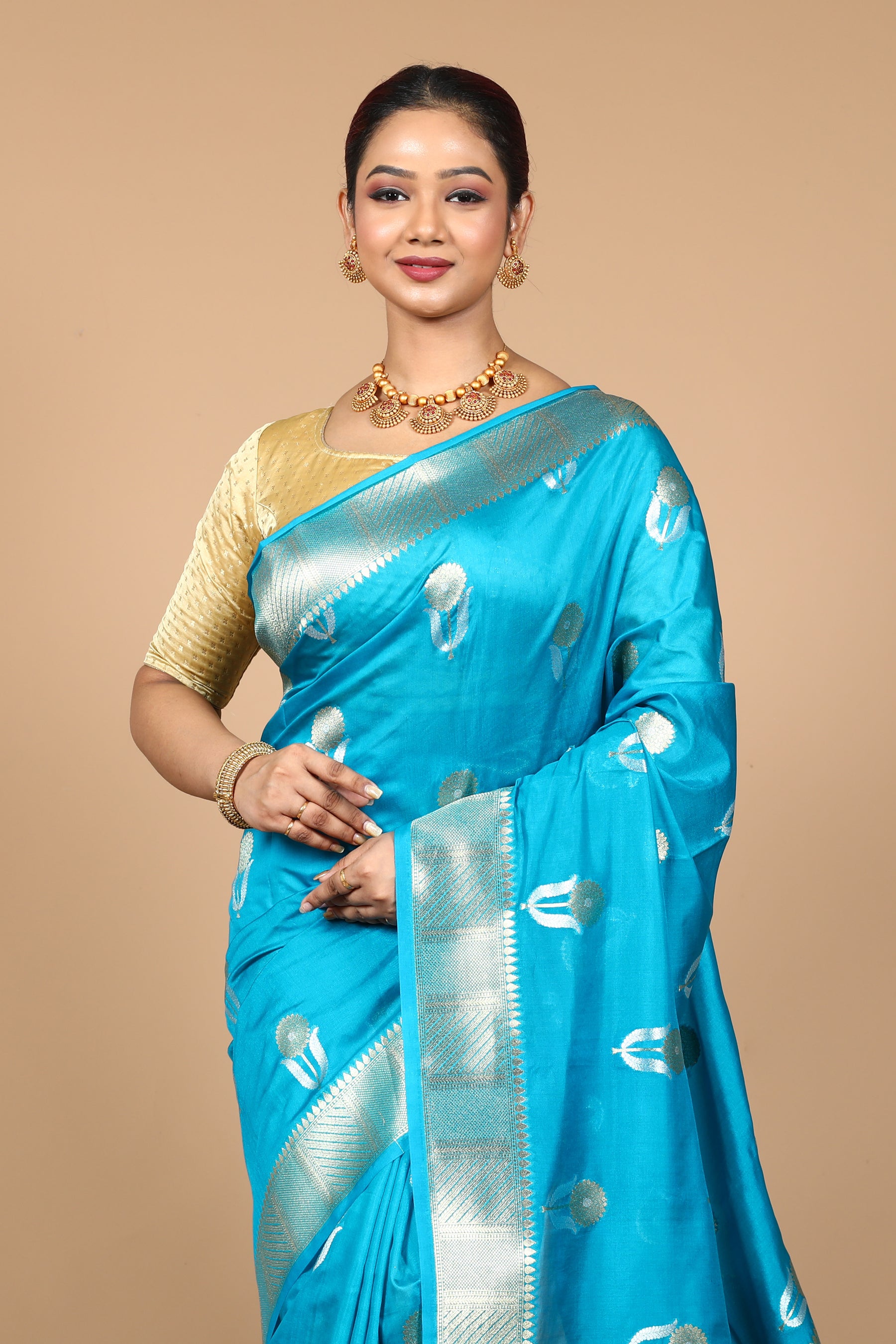 Blue Blended Blended Silk Saree with Blouse Piece