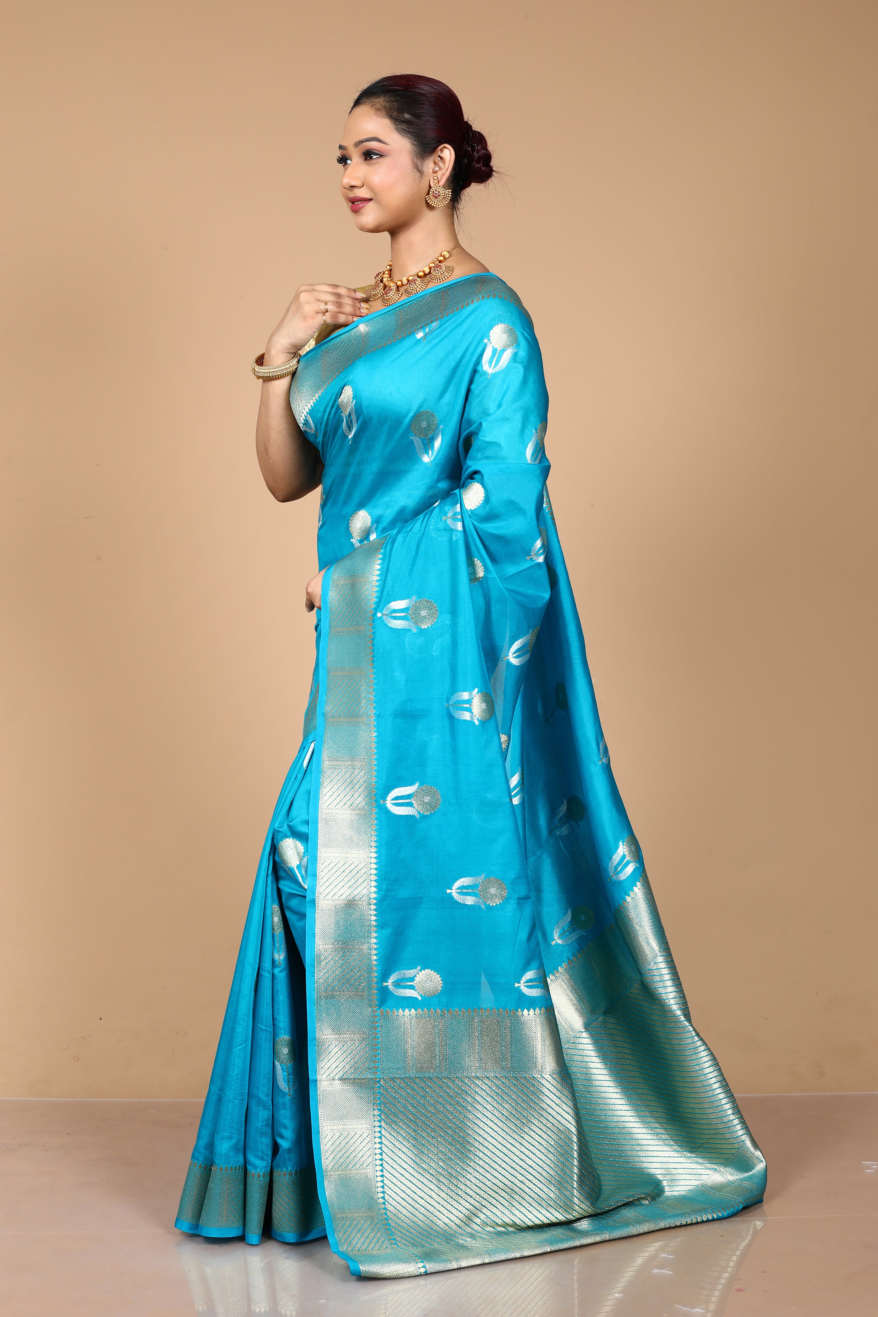 Blue Blended Blended Silk Saree with Blouse Piece
